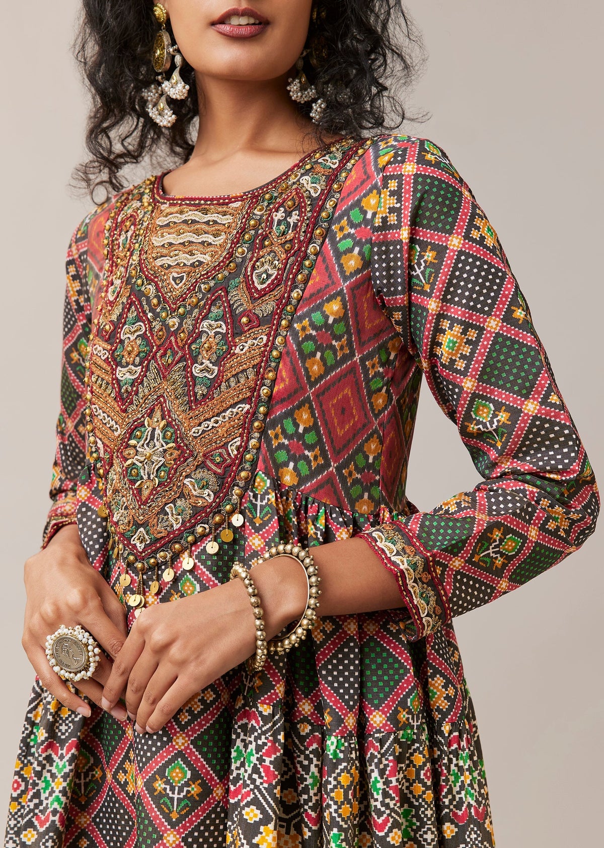 Black Patola Print Silk Long Kurti