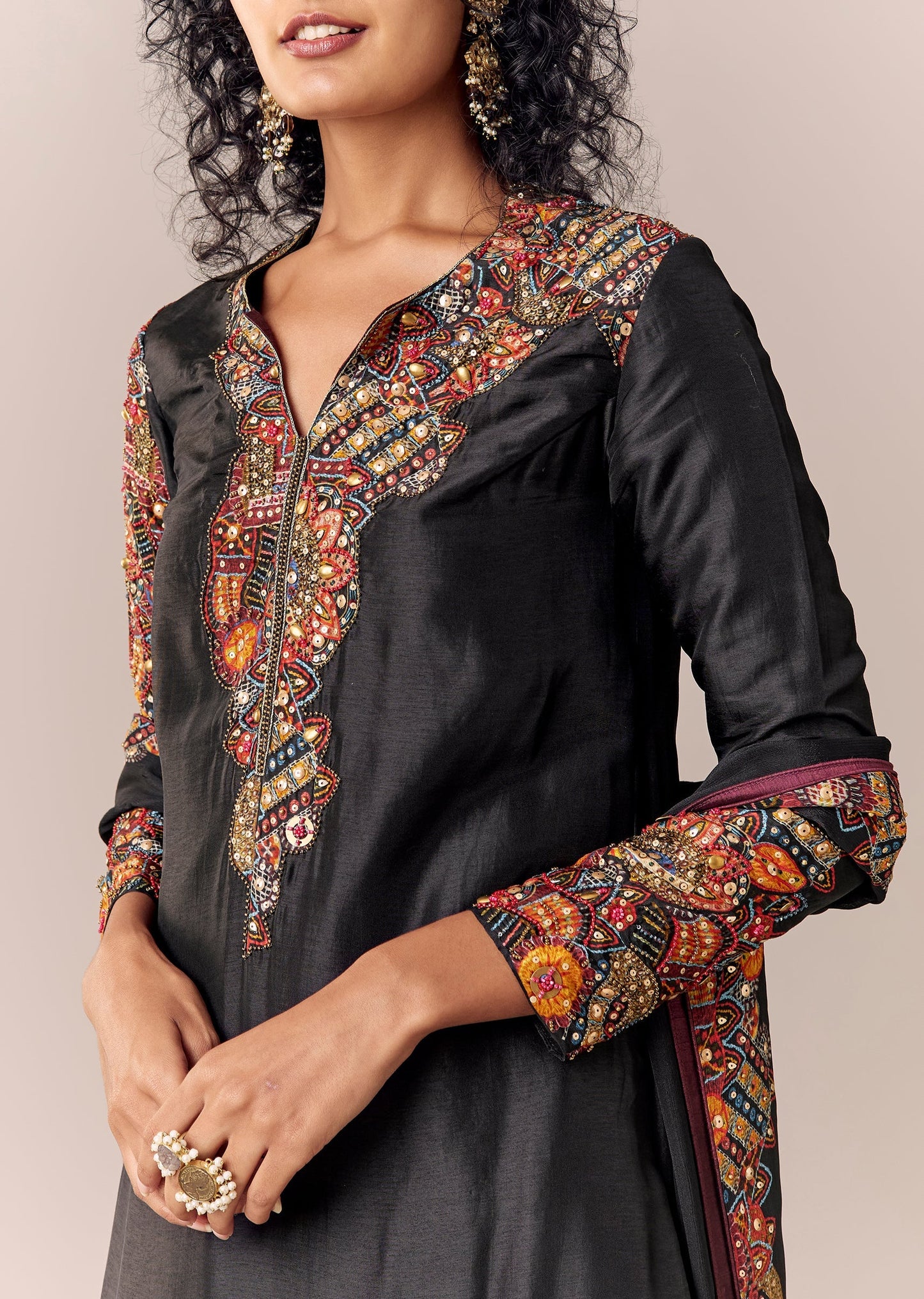 Black Printed Kurta Pant Set With Dupatta