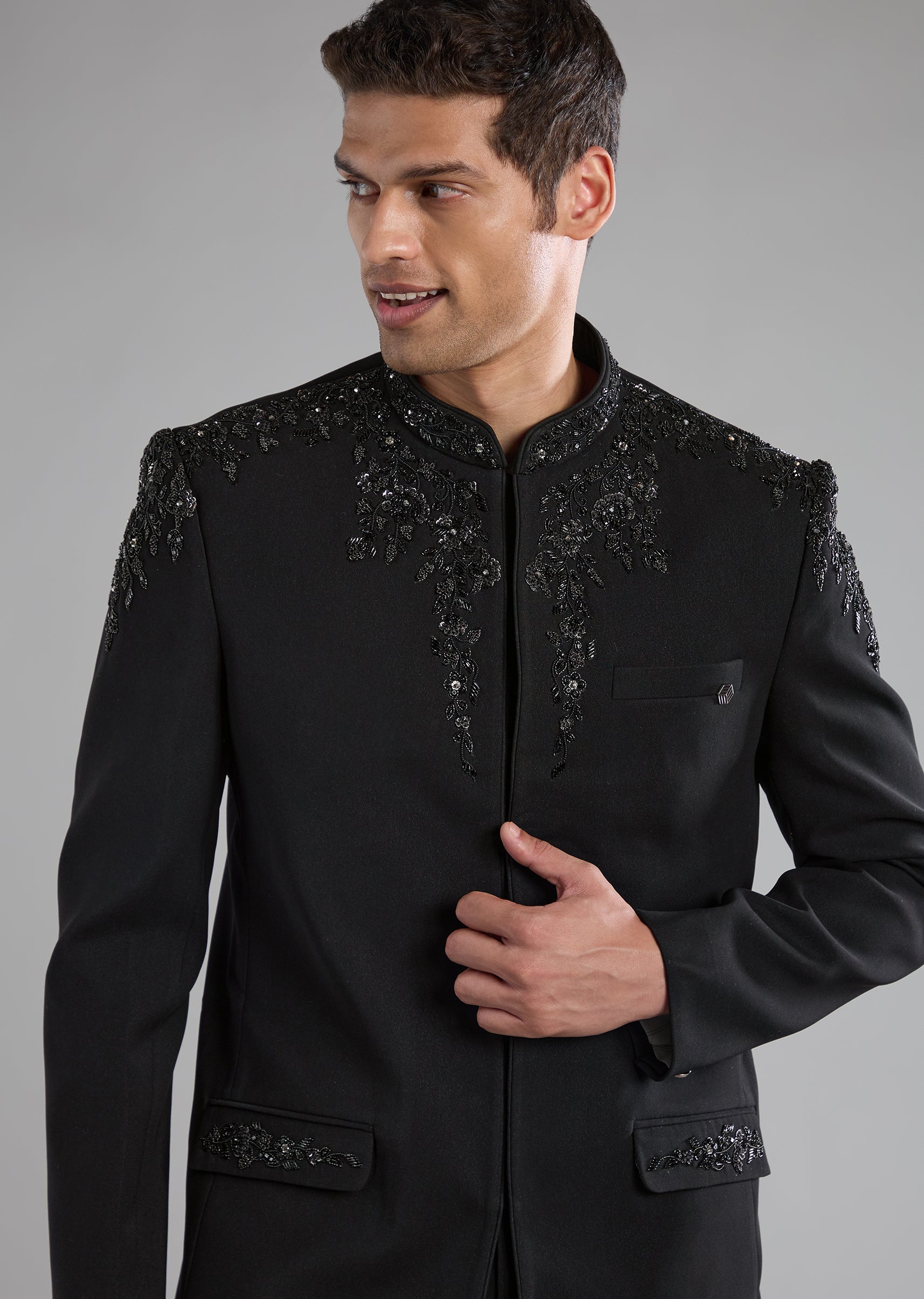 Black Rayon Jodhpuri Pant Set with Zardozi Work