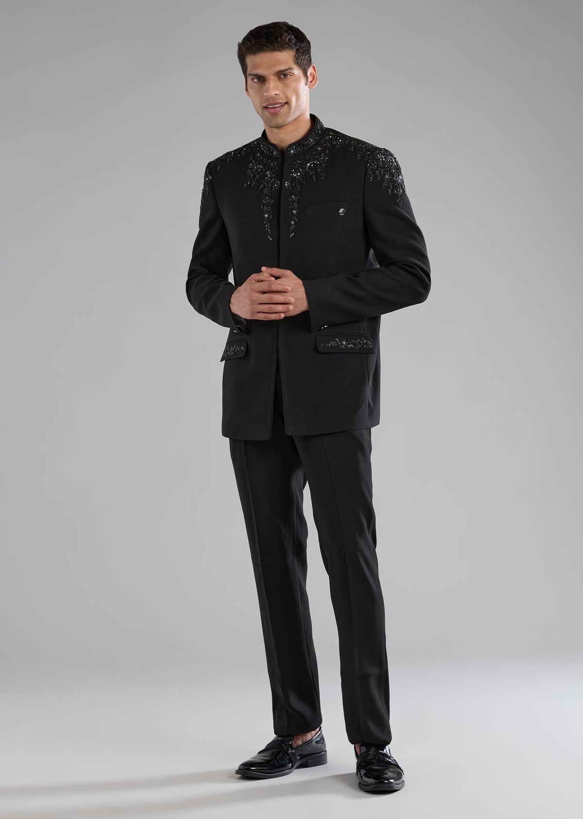 Black Rayon Jodhpuri Pant Set with Zardozi Work