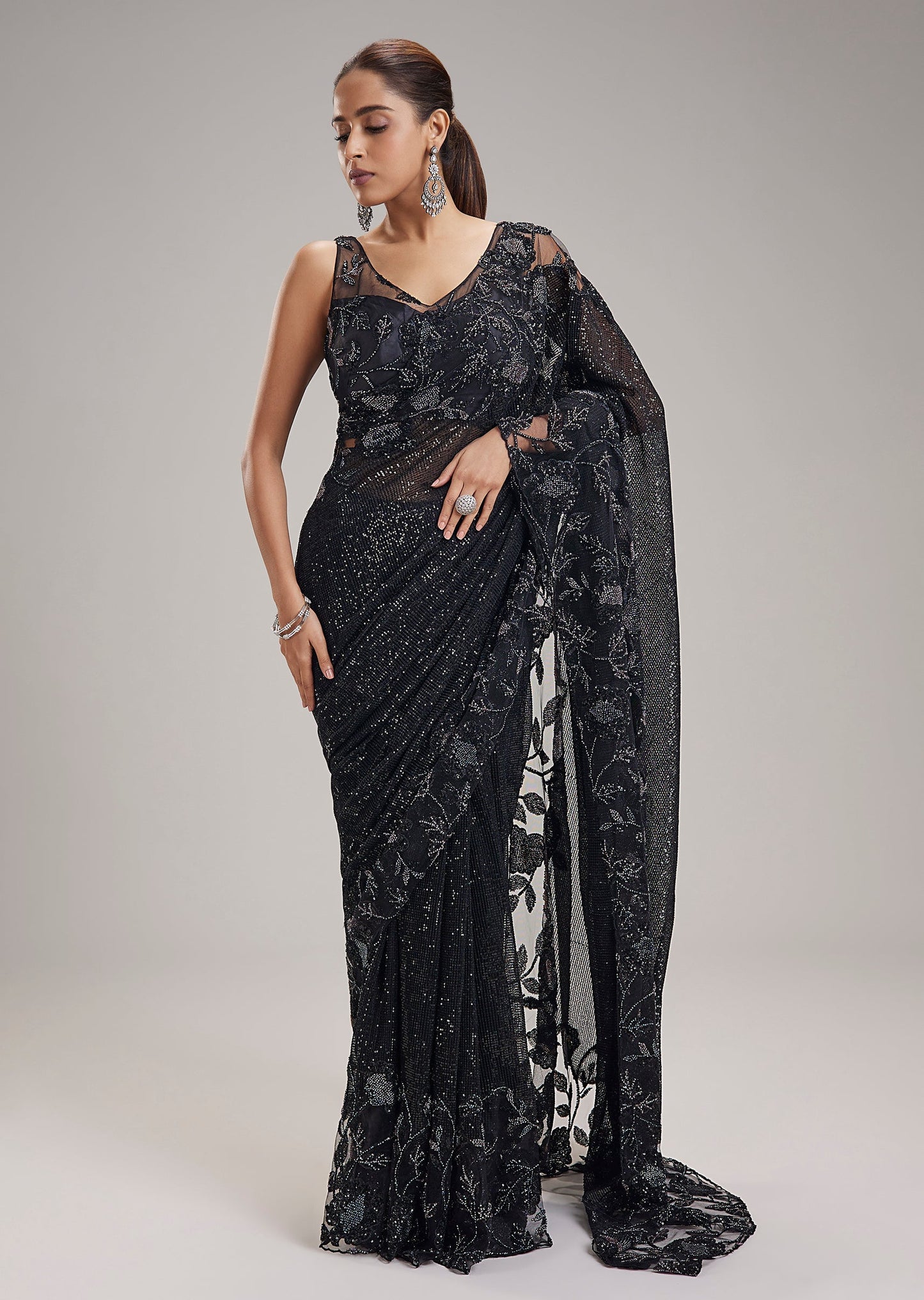 Black Sequins Embellished Georgette Saree With Cutdana Lace Border