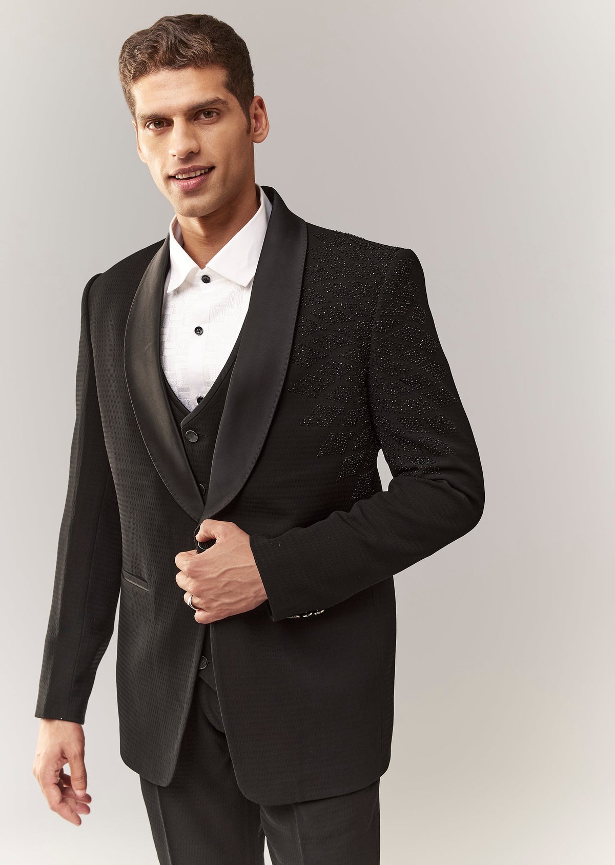 Black Tuxedo Set With Waistcoat And Bead Detailing