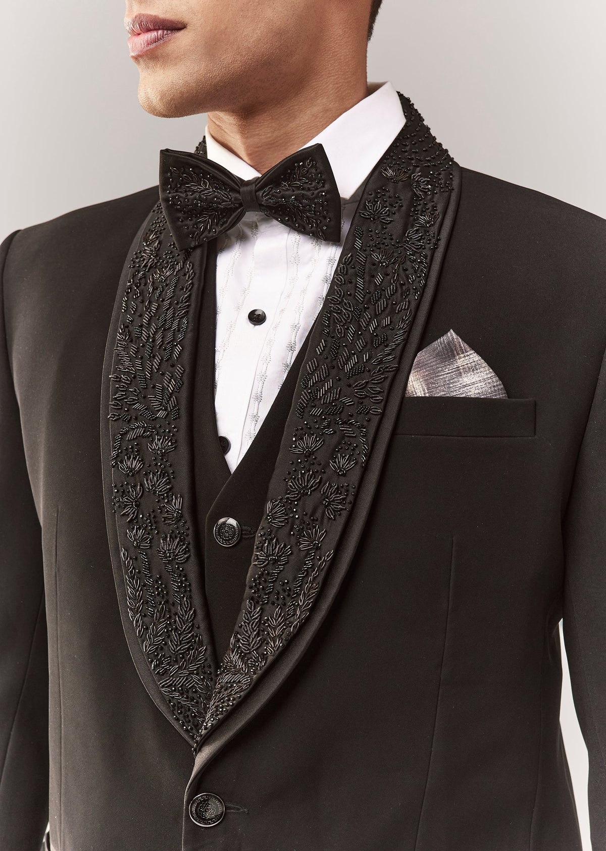 Black Tuxedo Set With Waistcoat And Cutdana Work