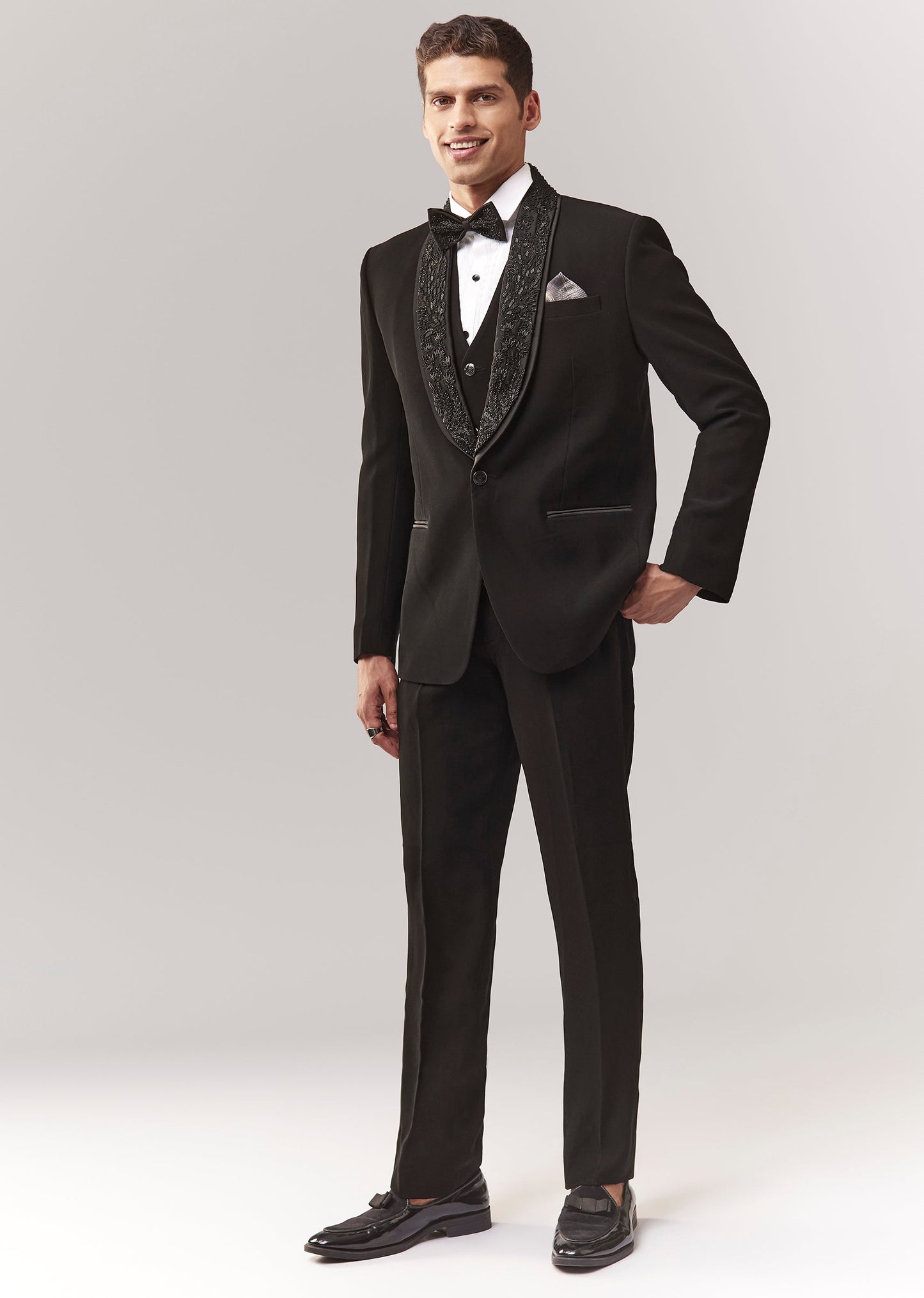 Black Tuxedo Set With Waistcoat And Cutdana Work