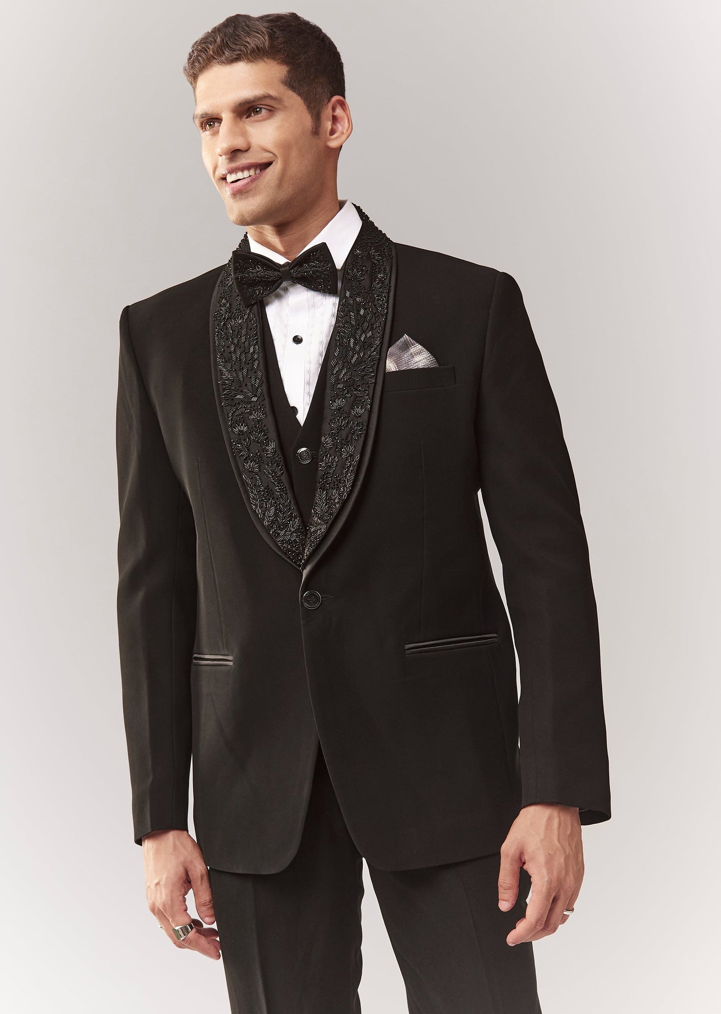 Black Tuxedo Set With Waistcoat And Cutdana Work