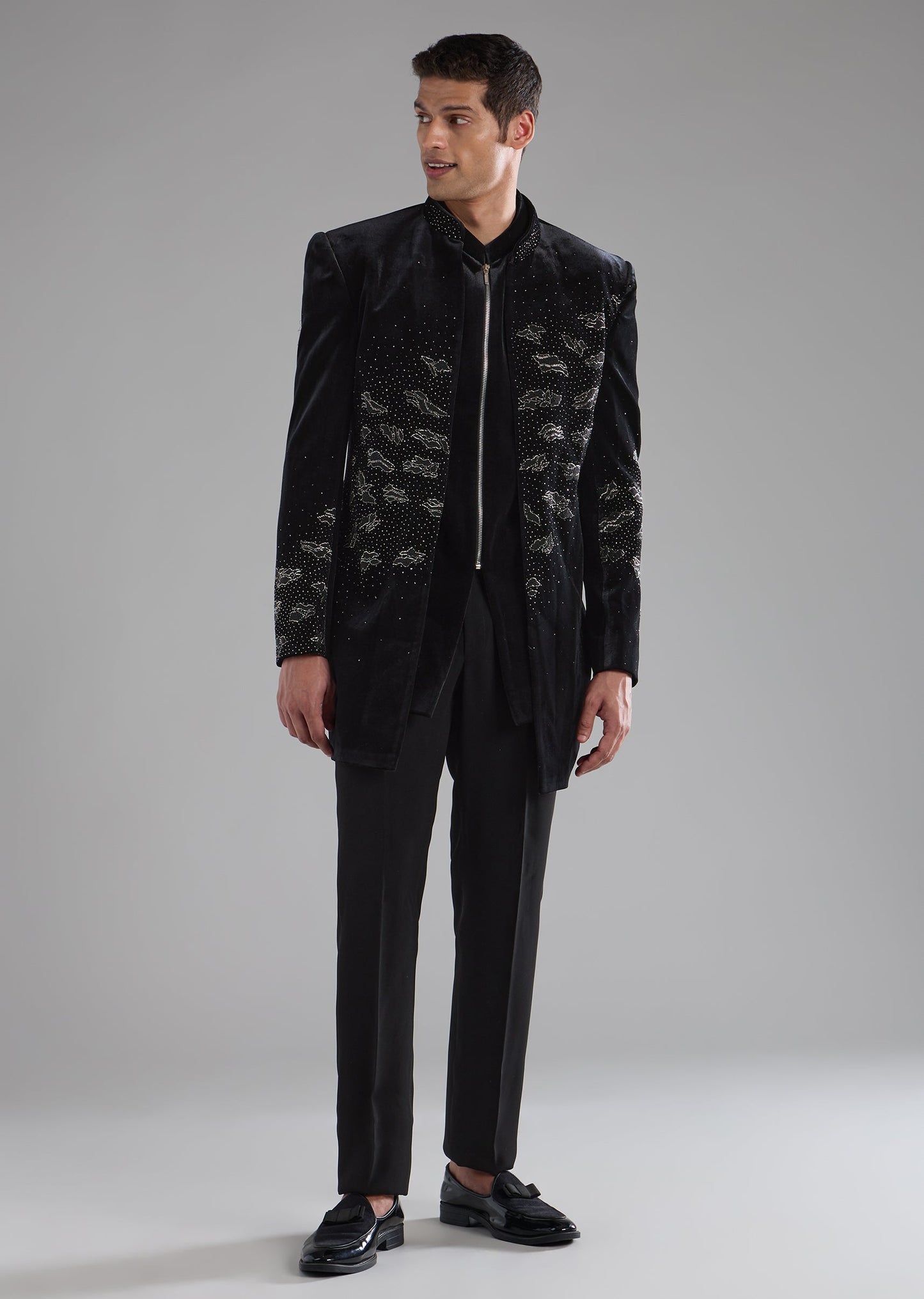 Black Velvet Indowestern Jacket Set with Bead Work