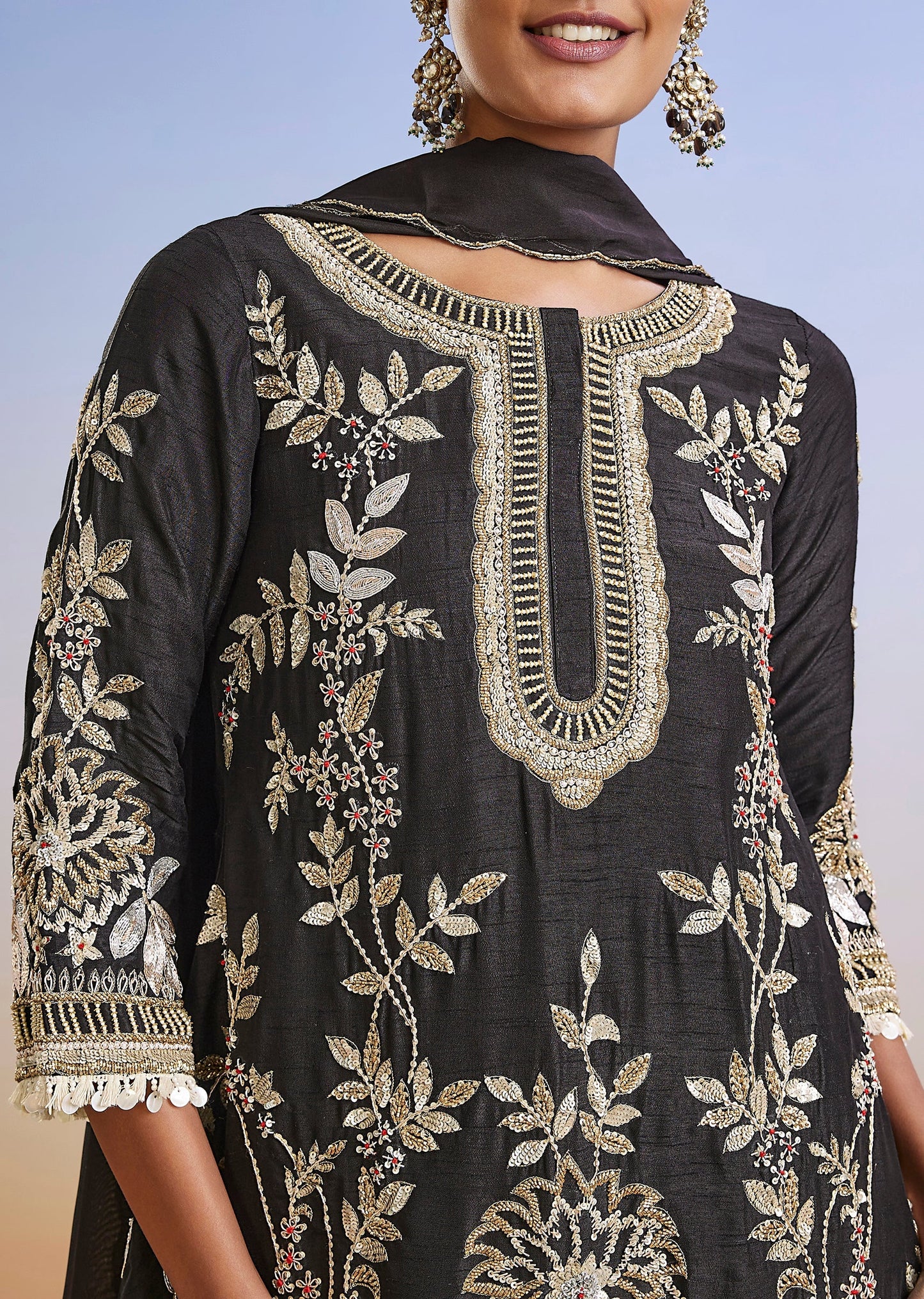 Black Zardosi Embroidered Silk Palazzo Suit With Dupatta