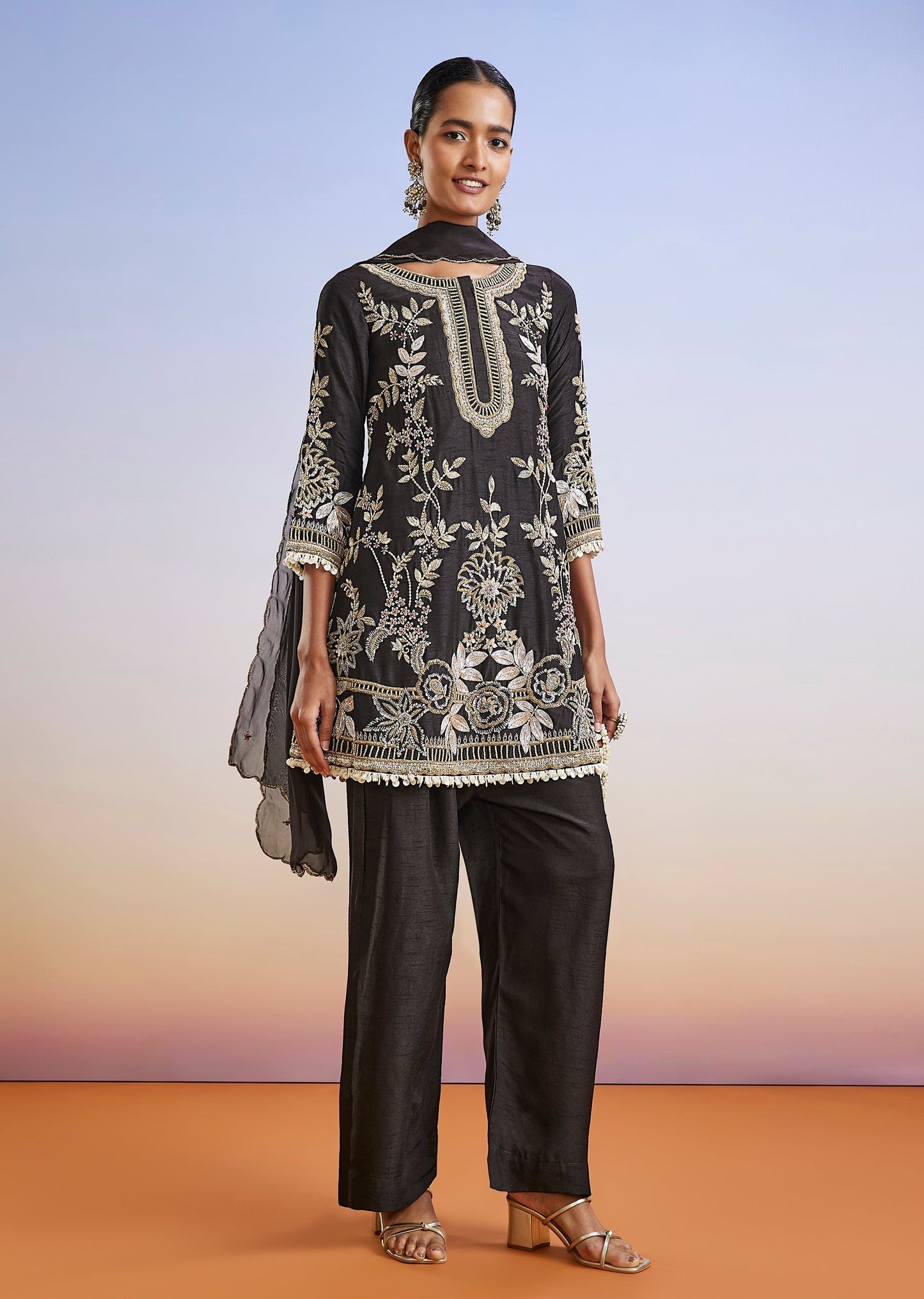 Black Zardosi Embroidered Silk Palazzo Suit With Dupatta