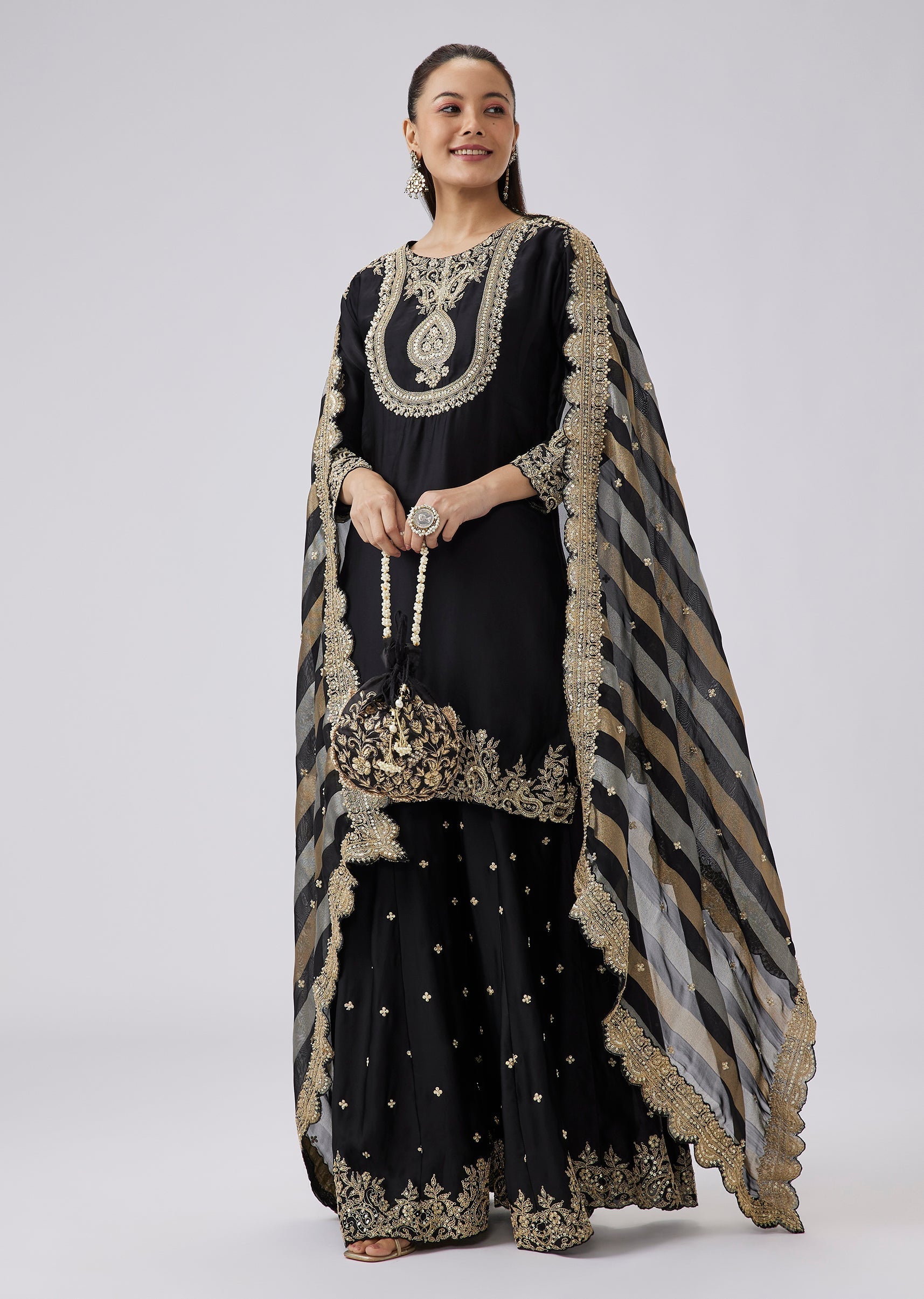 Black Zari and Moti Embroidered Kurta with Palazzo