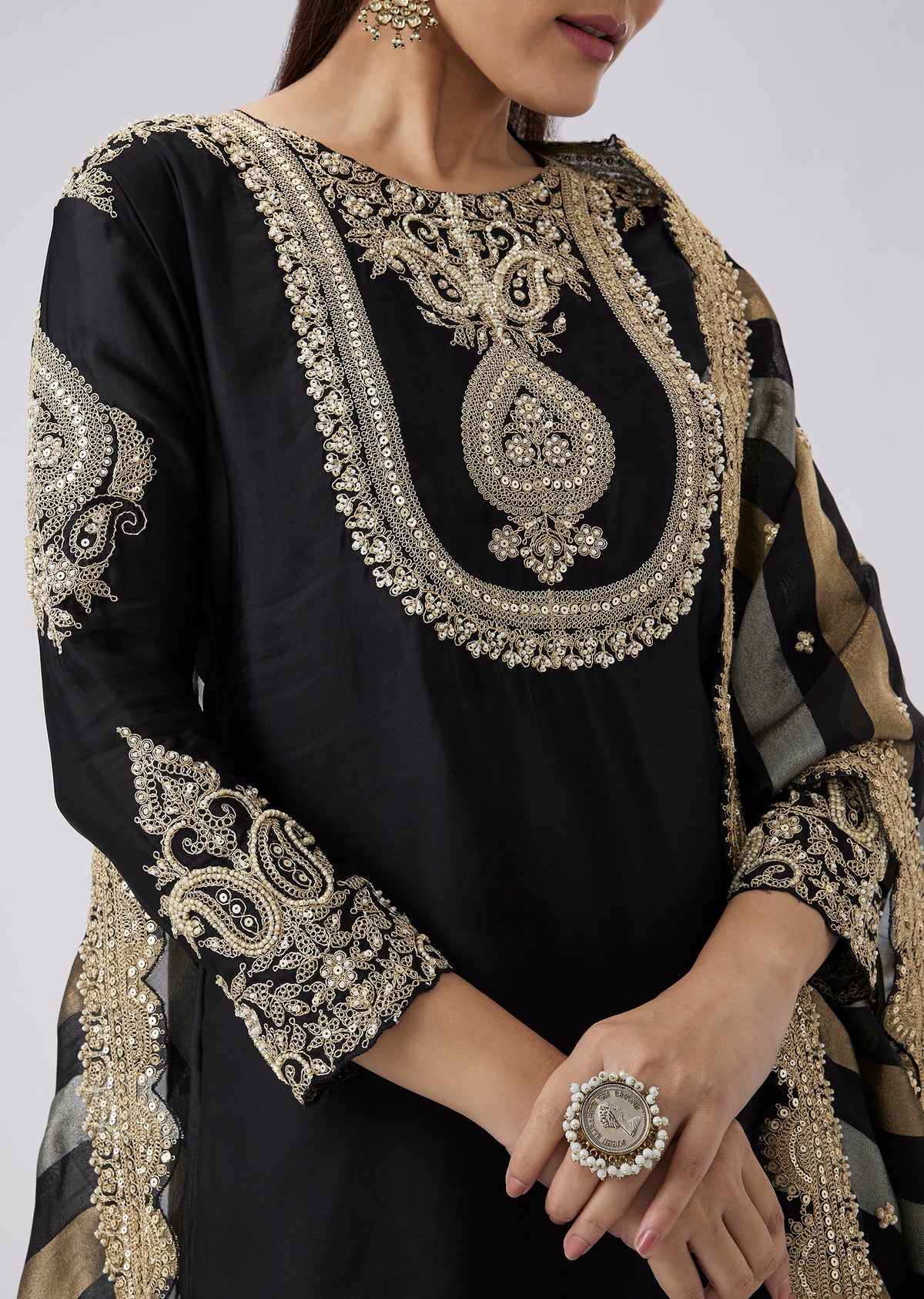Black Zari and Moti Embroidered Kurta with Palazzo