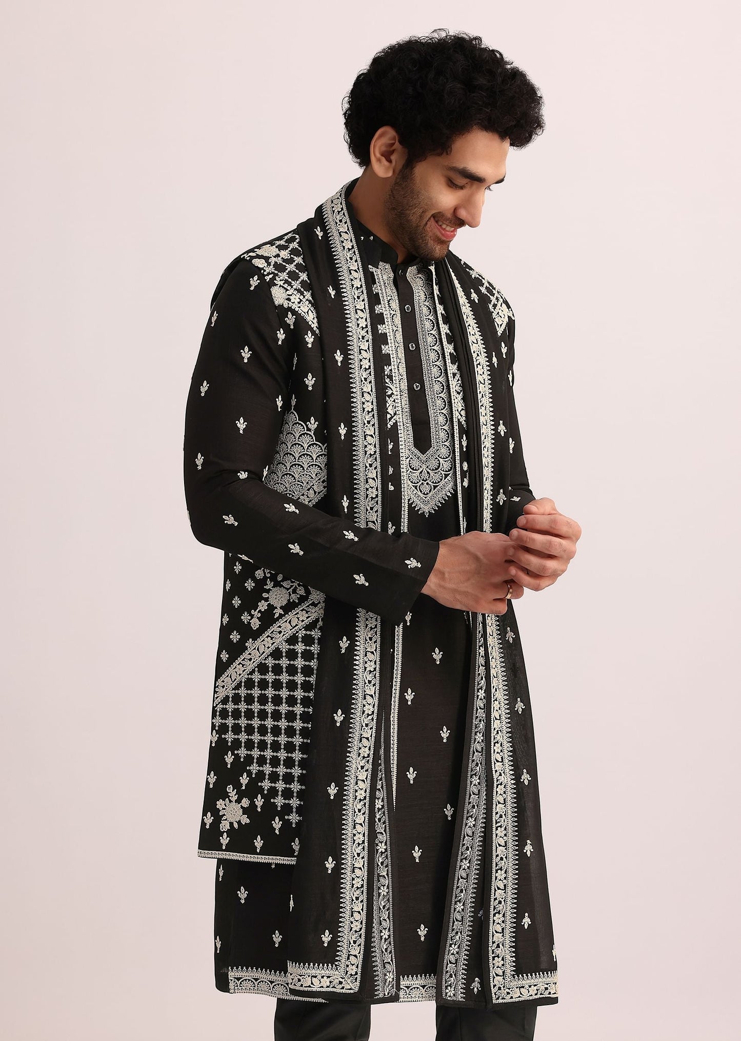 Black Embroidered Jacket and Kurta Set With Dupatta
