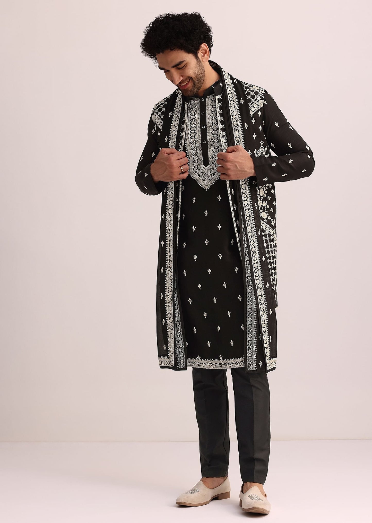 Black Embroidered Jacket and Kurta Set With Dupatta