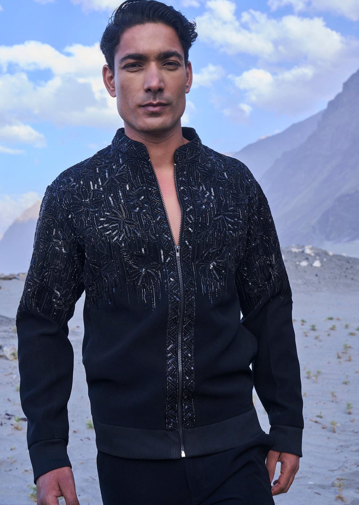 Black Hand Embroidered Full Sleeve Bomber Jacket And Pants