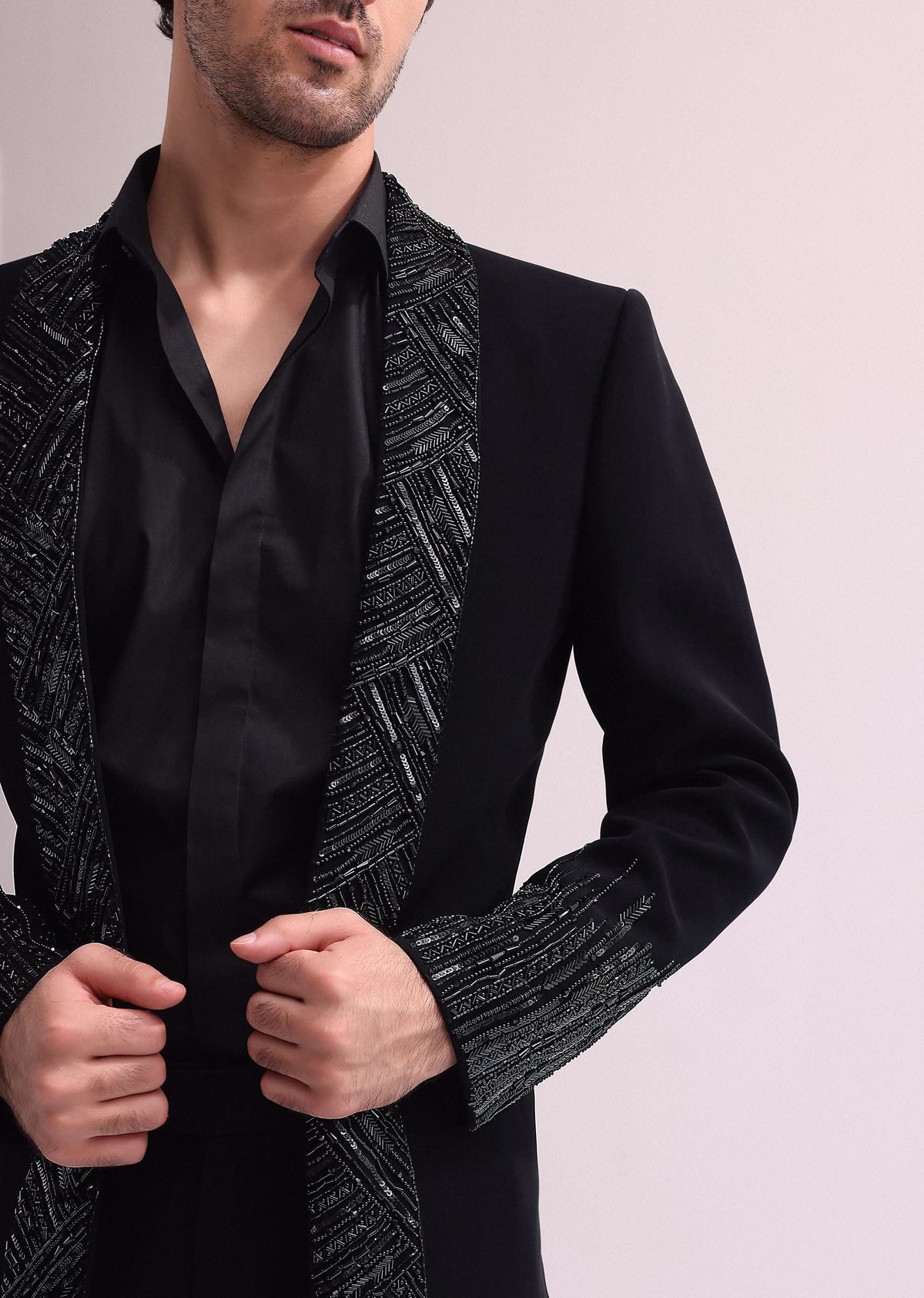 Black Lapel Tuxedo In Suiting With Shirt And Pants