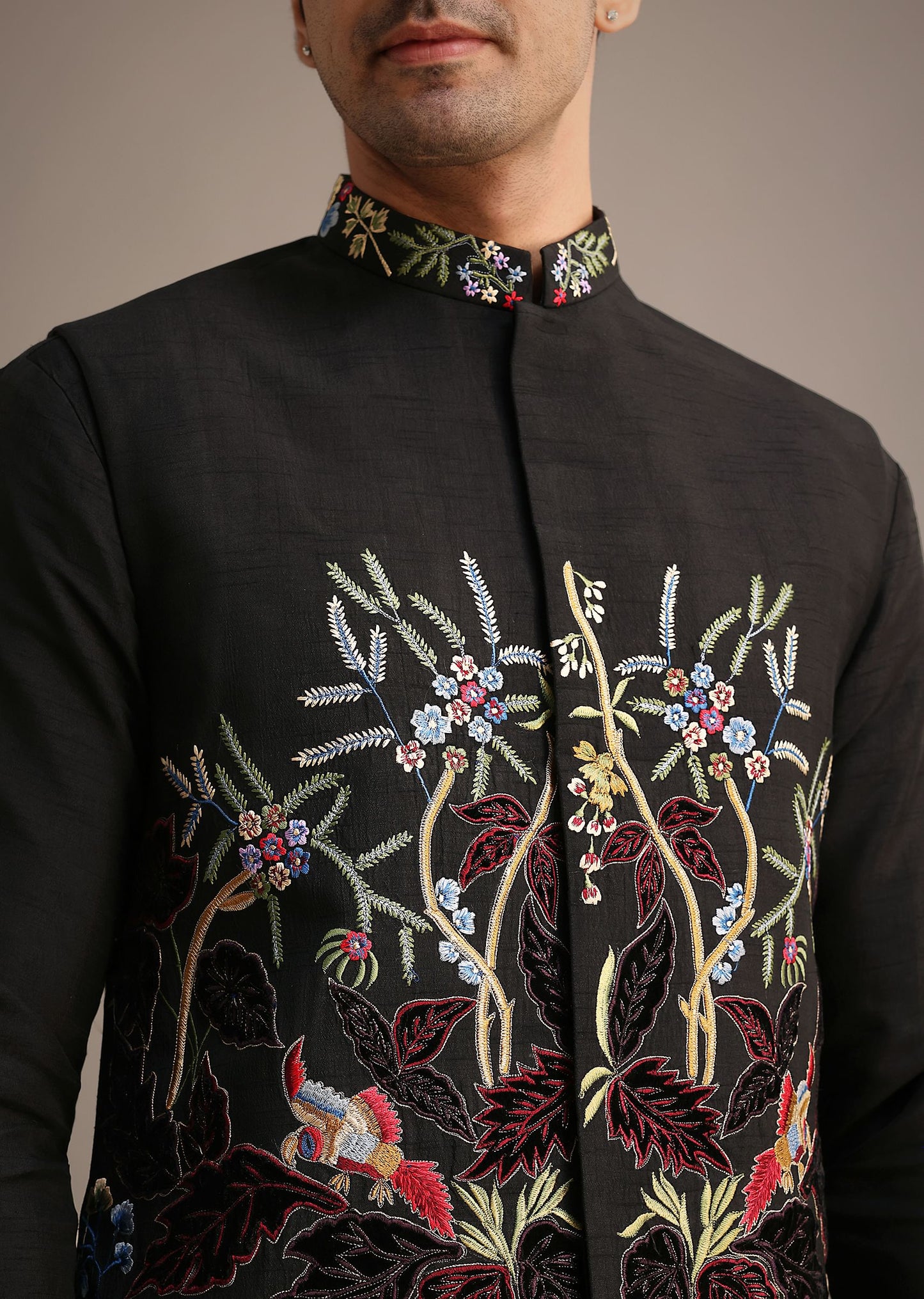 Black Resham Embroidered Jacket And Kurta Set In Silk