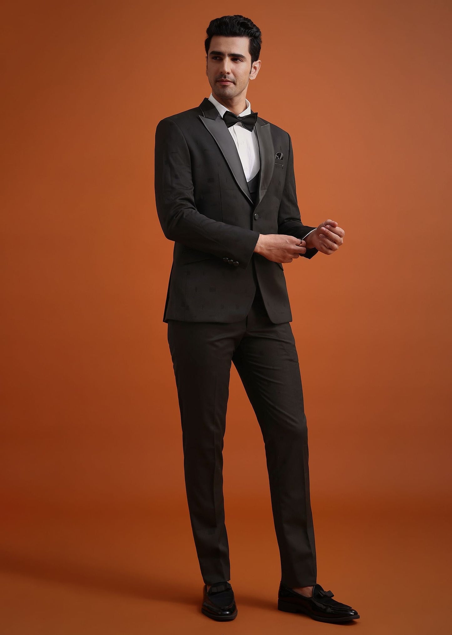 Black Terry Rayon Tuxedo, Waistcoat And Pant Set