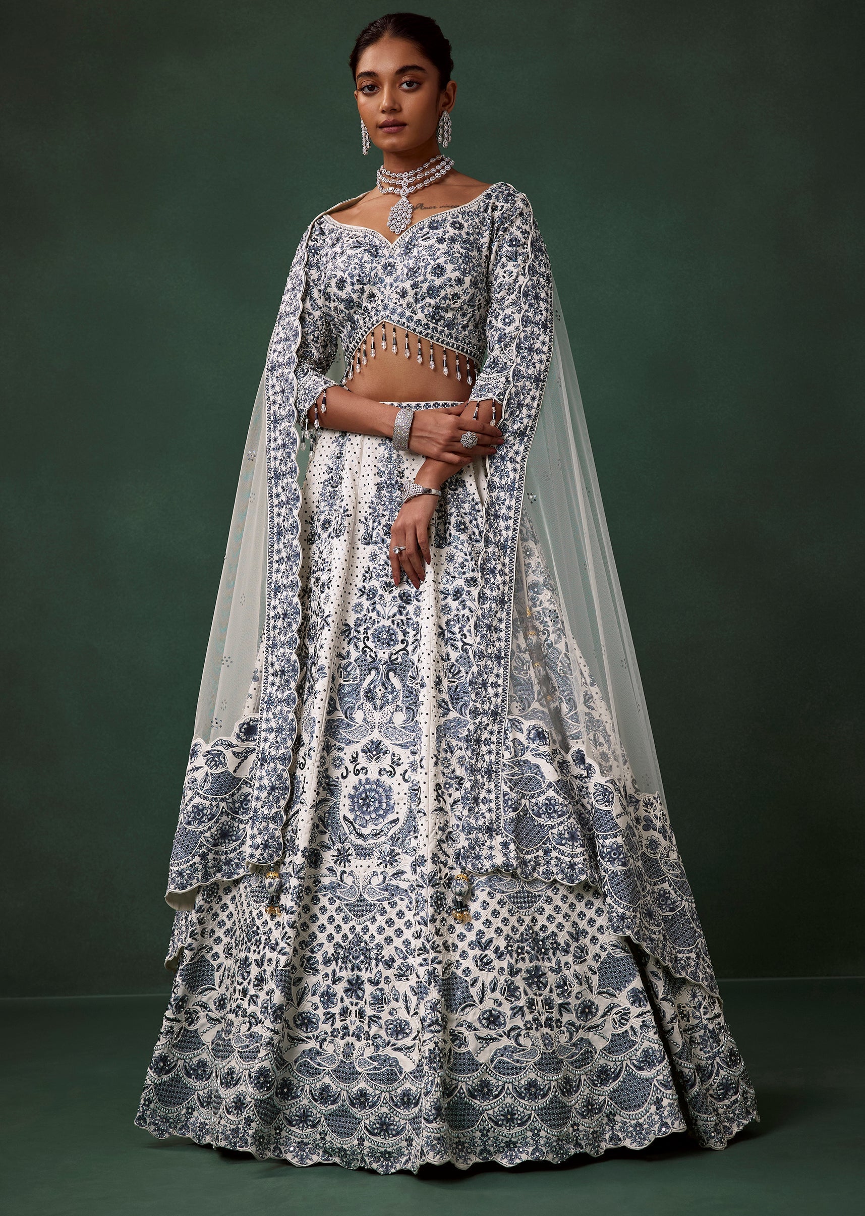 Blue and White Kali Bridal Georgette Lehenga Set with Heavy Embroidery