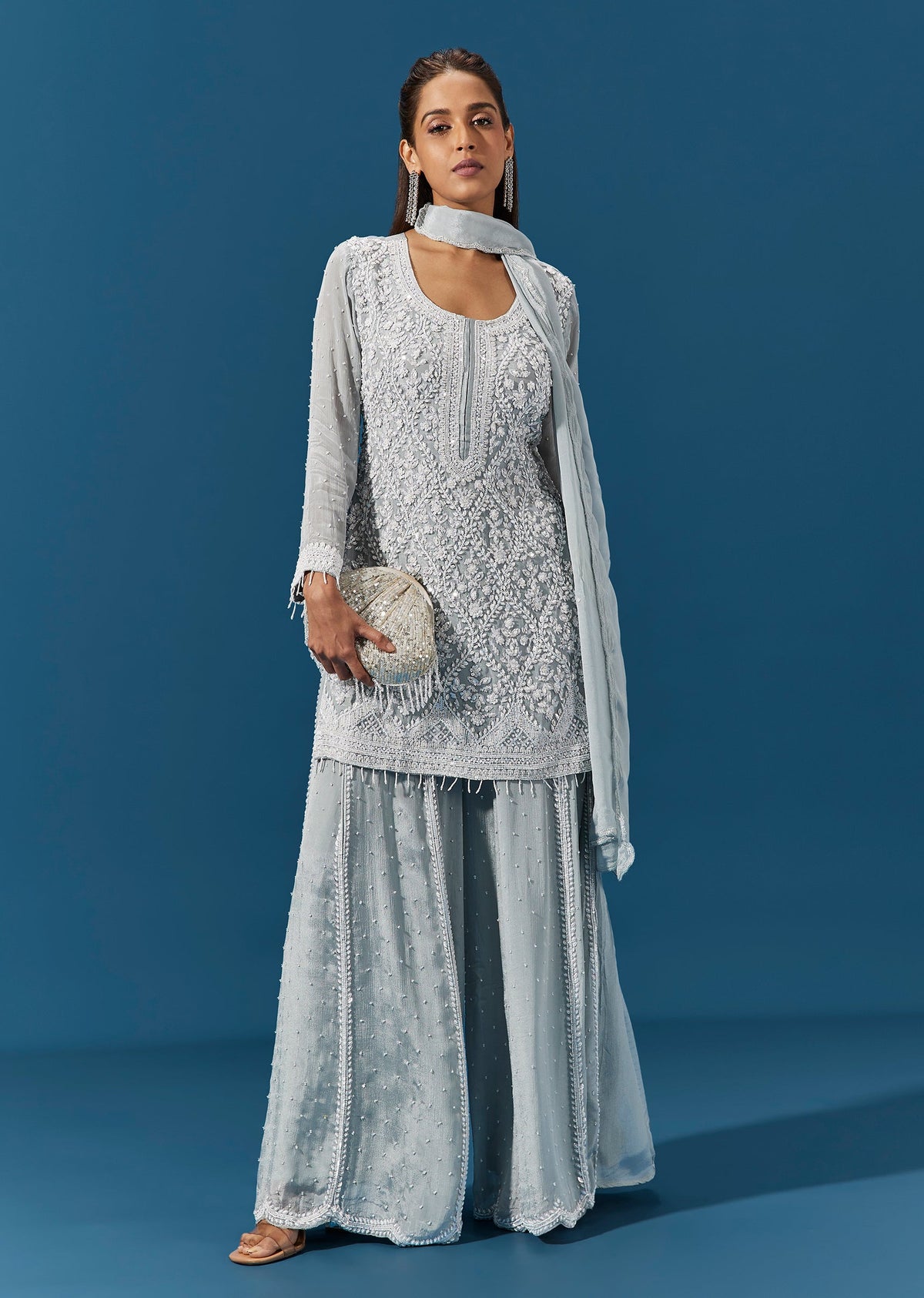Blue Chinon Palazzo Suit With Sequin And Moti Embroidered Kurta