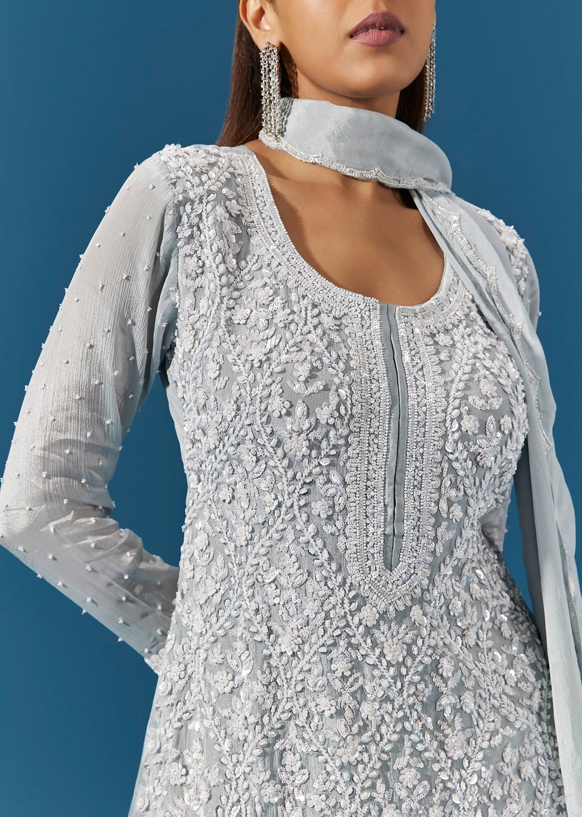 Blue Chinon Palazzo Suit With Sequin And Moti Embroidered Kurta