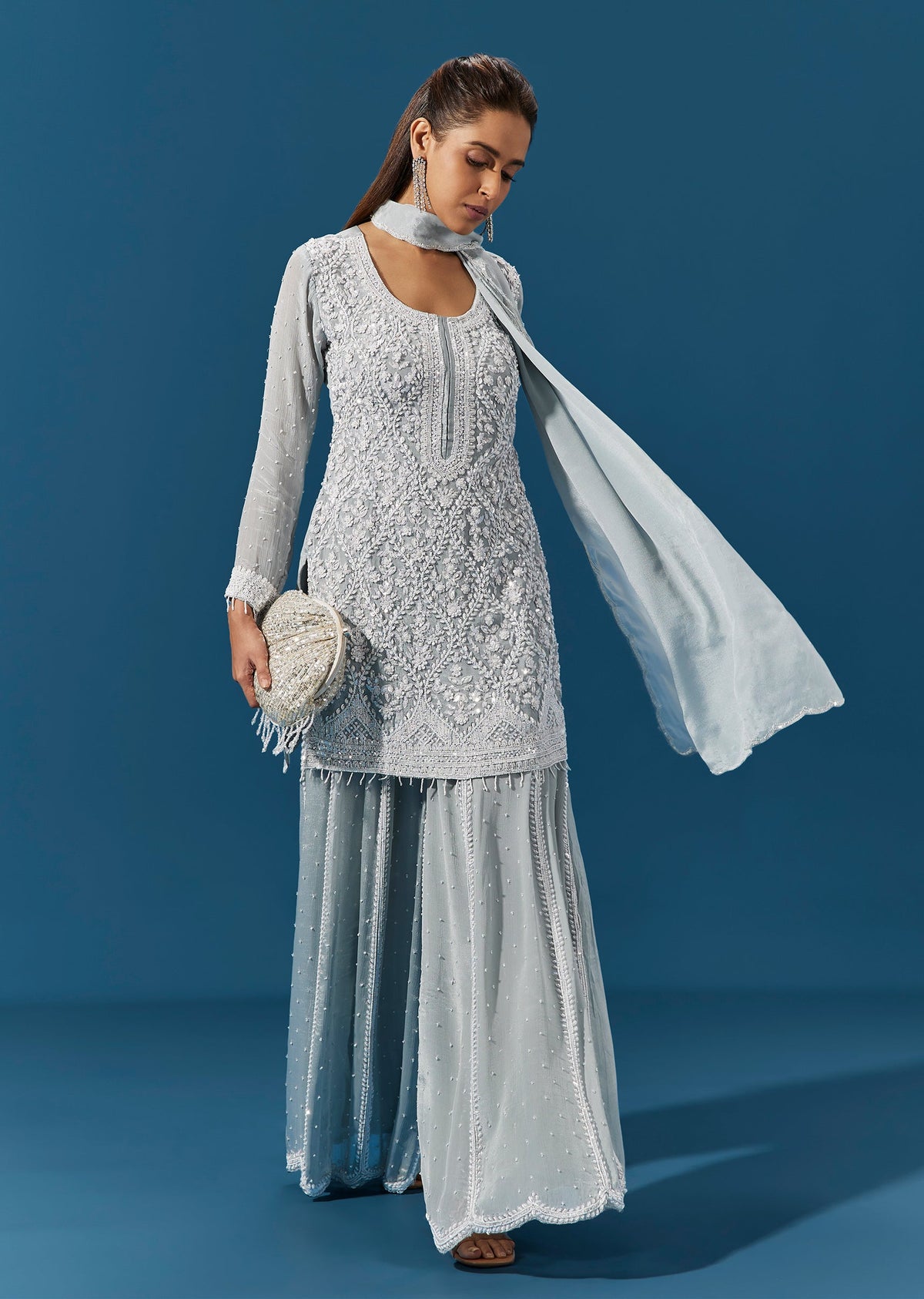 Blue Chinon Palazzo Suit With Sequin And Moti Embroidered Kurta