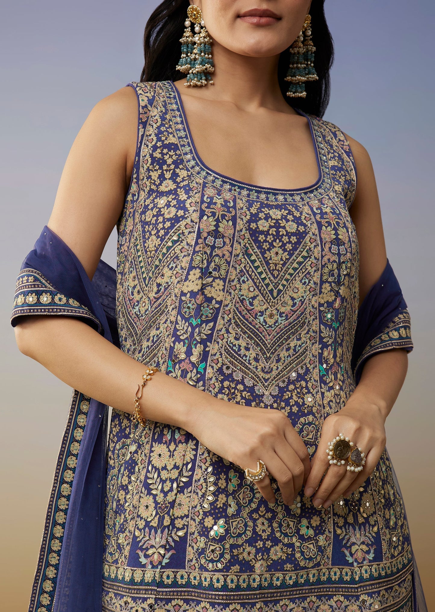 Blue Crepe Palazzo Suits with Floral Printed Stone and Mirror Work