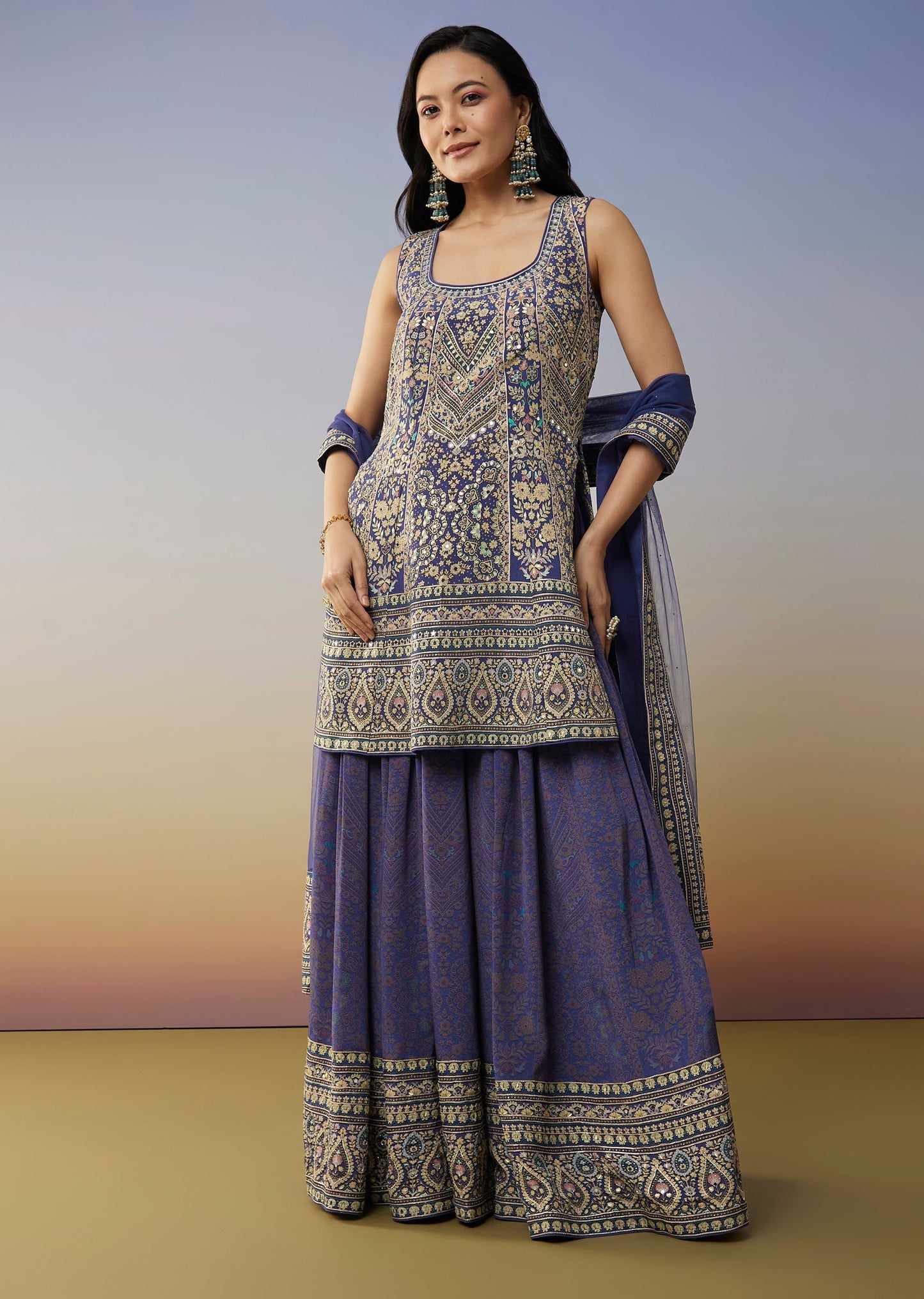 Blue Crepe Palazzo Suits with Floral Printed Stone and Mirror Work