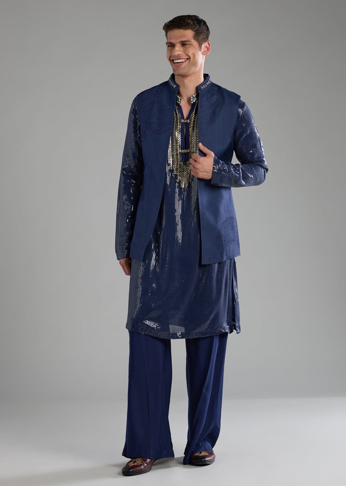 Blue Sequin Embellished Mens Jacket Kurta Set