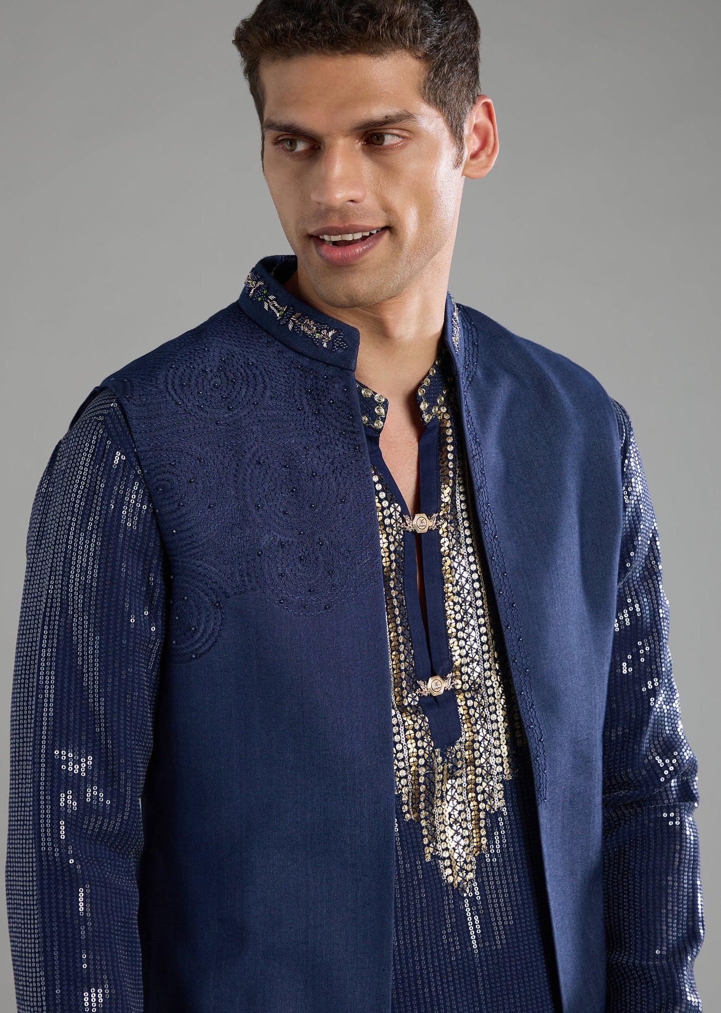 Blue Sequin Embellished Mens Jacket Kurta Set