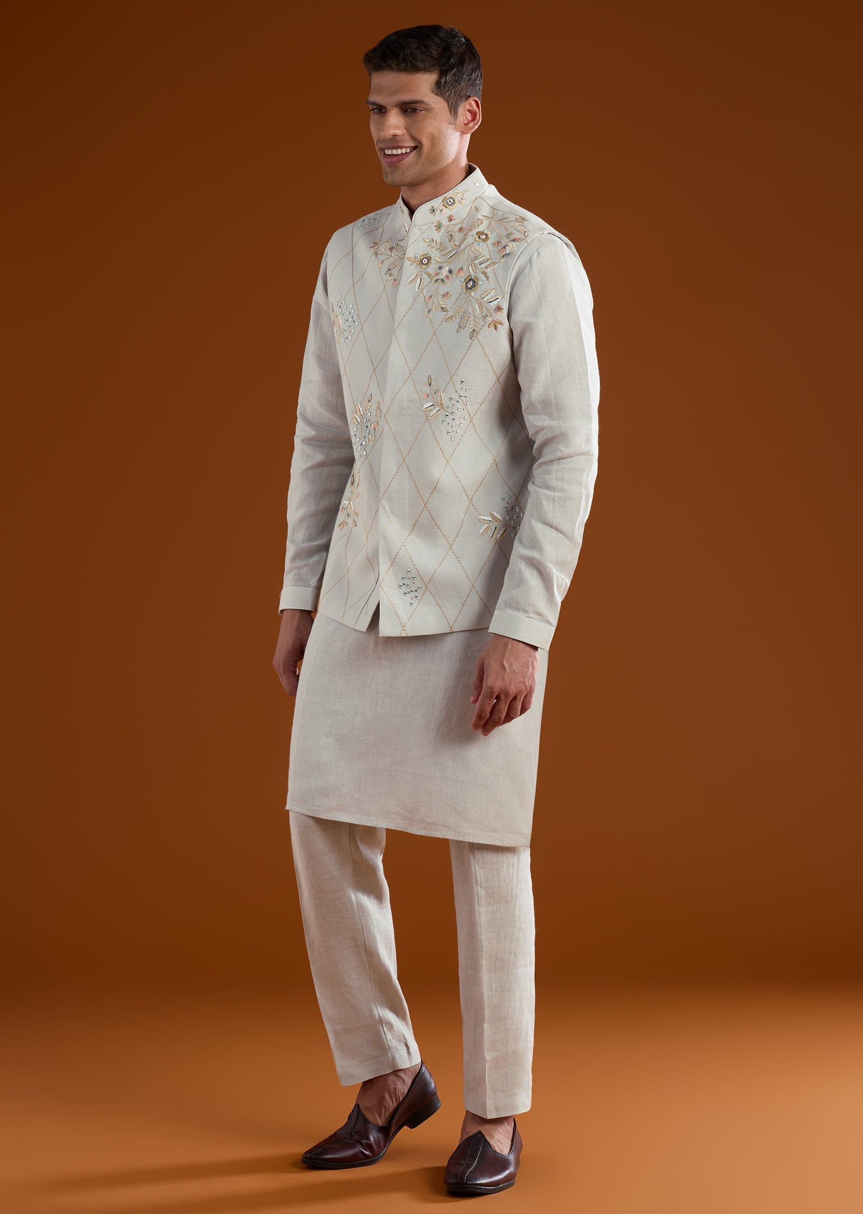 Blue Silk Kurta Jacket Set With Thread And Mirror Work