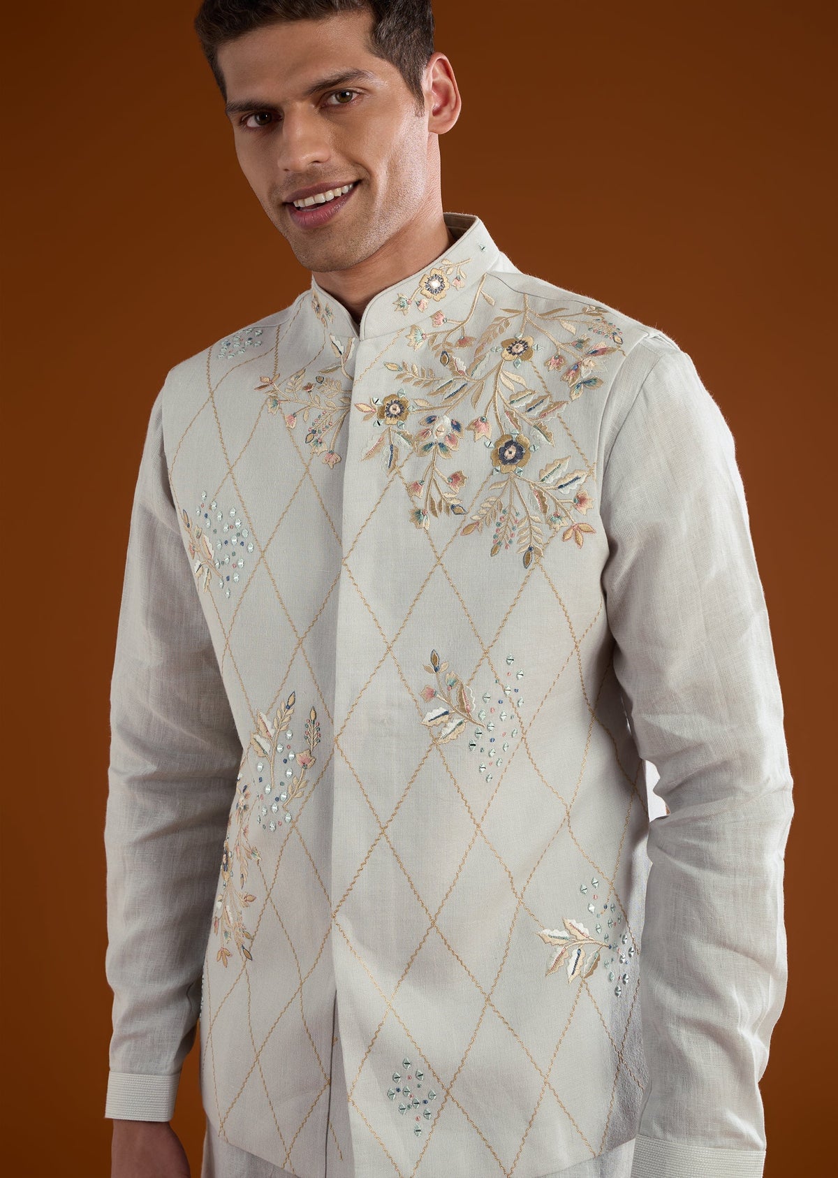 Blue Silk Kurta Jacket Set With Thread And Mirror Work