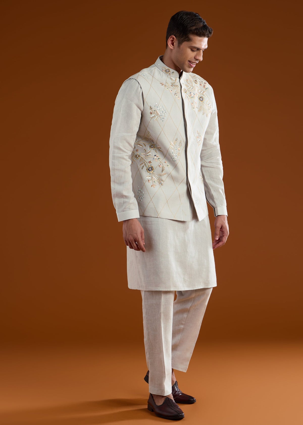 Blue Silk Kurta Jacket Set With Thread And Mirror Work