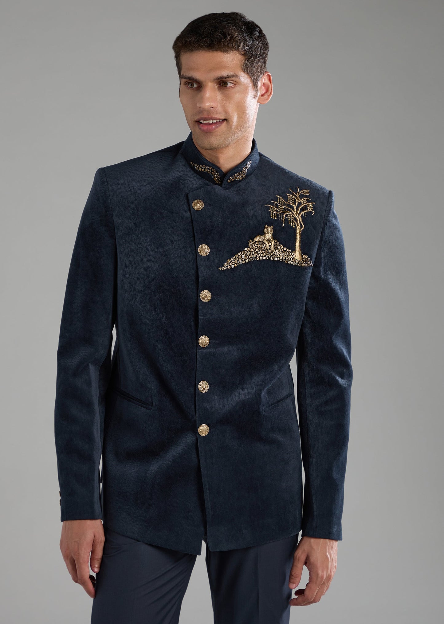 Blue Velvet Embellished Jodhpuri and Pant Set