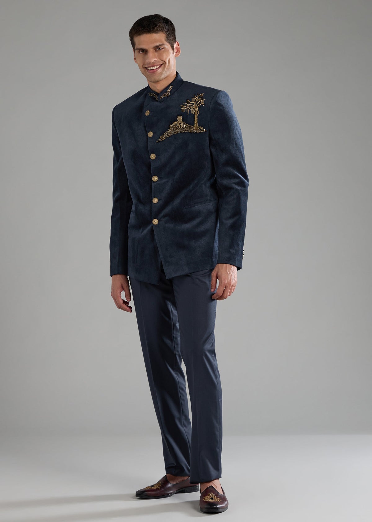 Blue Velvet Embellished Jodhpuri and Pant Set