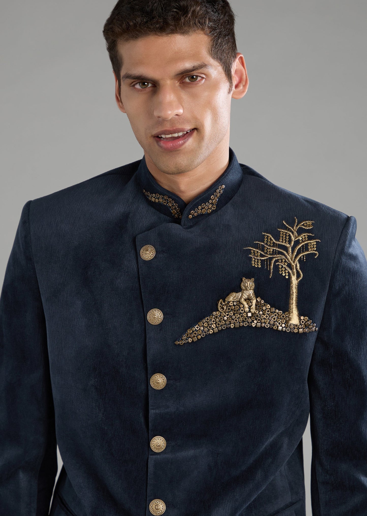 Blue Velvet Embellished Jodhpuri and Pant Set