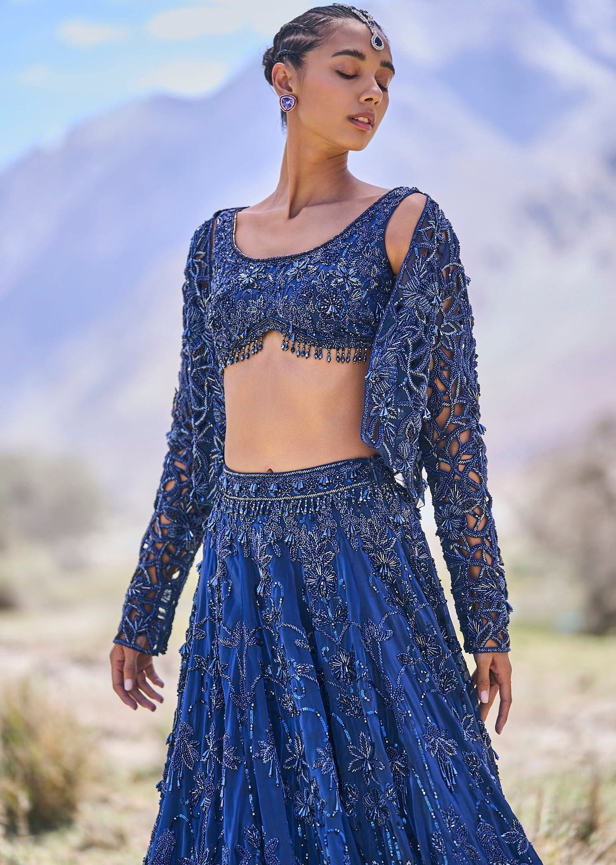 Blue Embroidered 10 Kali Lehenga With Blouse And Jacket
