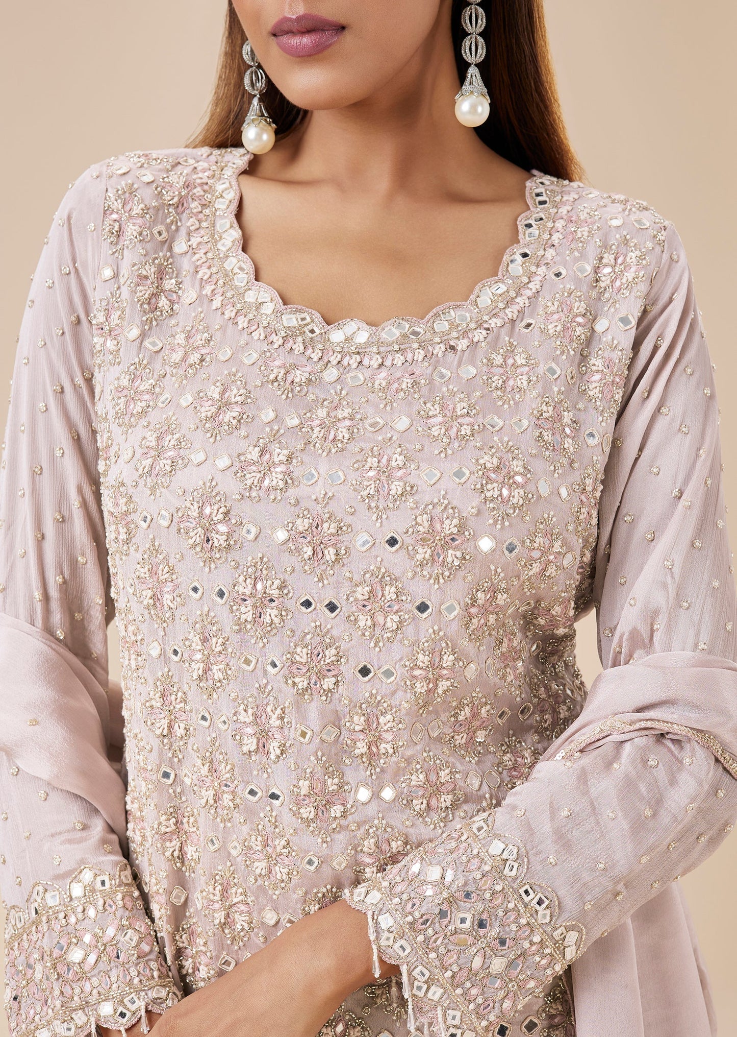 Blush Pink Chinon Mirror Embroidered Sharara Suit Set