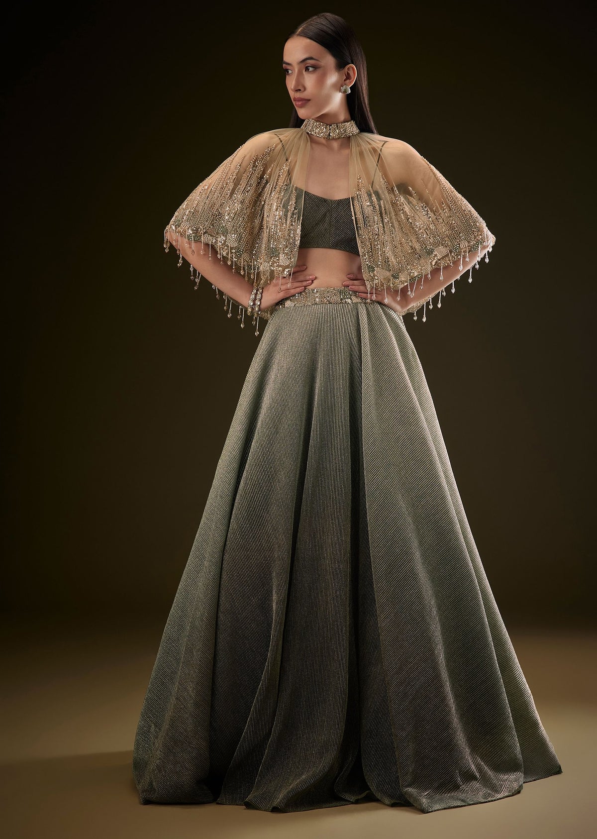 Bottle Green Crush Lehenga With Choker Style Cape