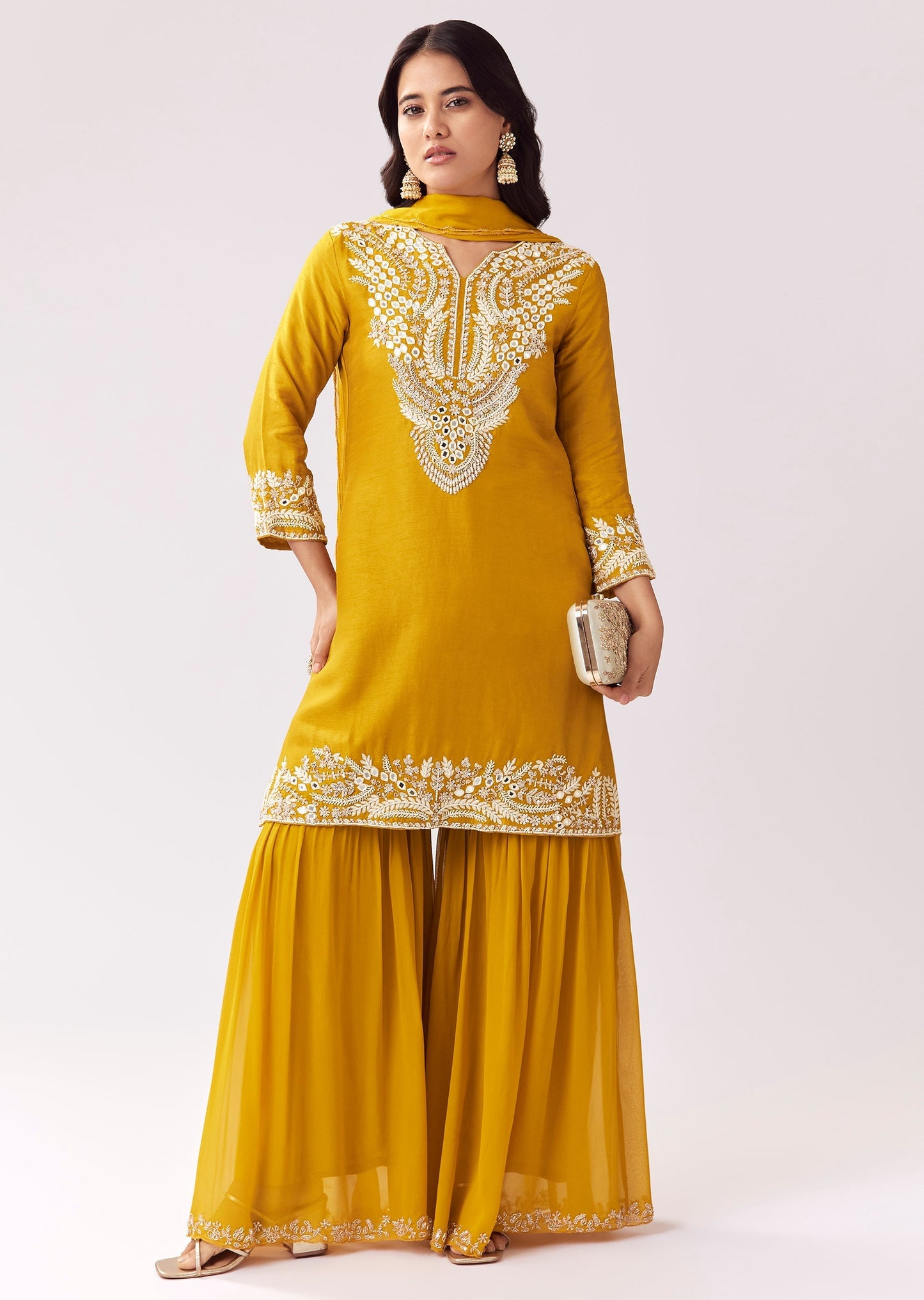 Bright Yellow Sharara Set With Mirror Work