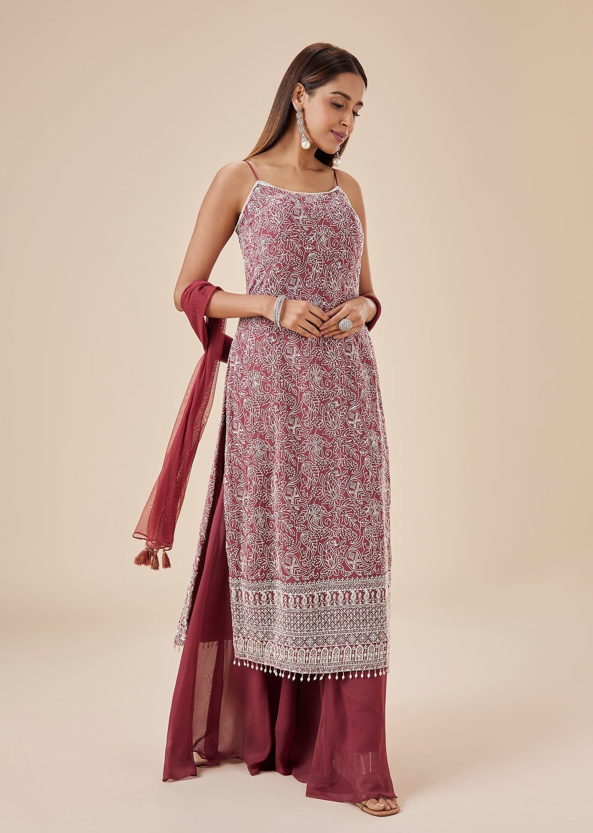 Brown Georgette Heavily Embroidered Palazzo Suit Set