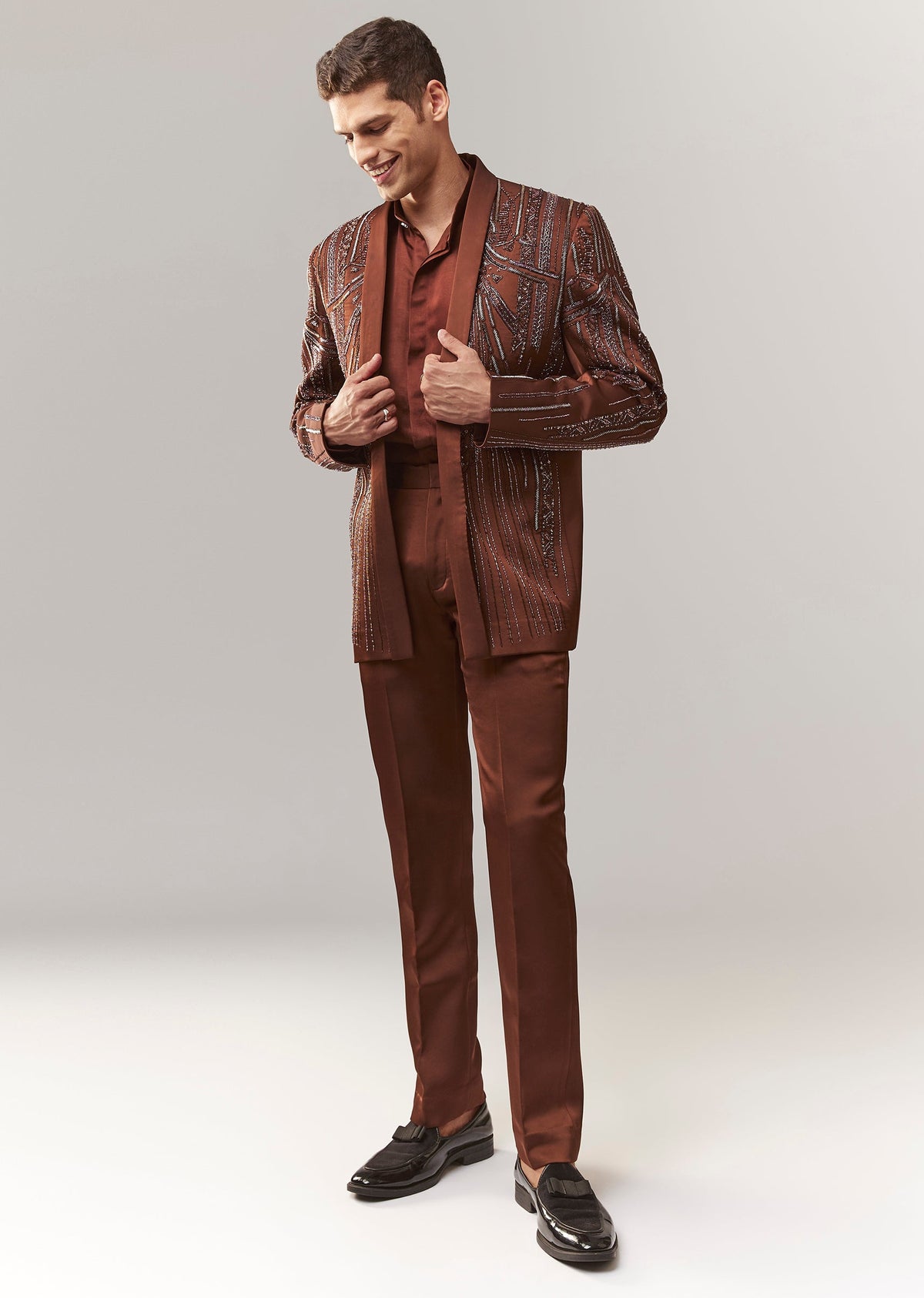 Brown Hand Embroidered Blazer Set With Waistcoat