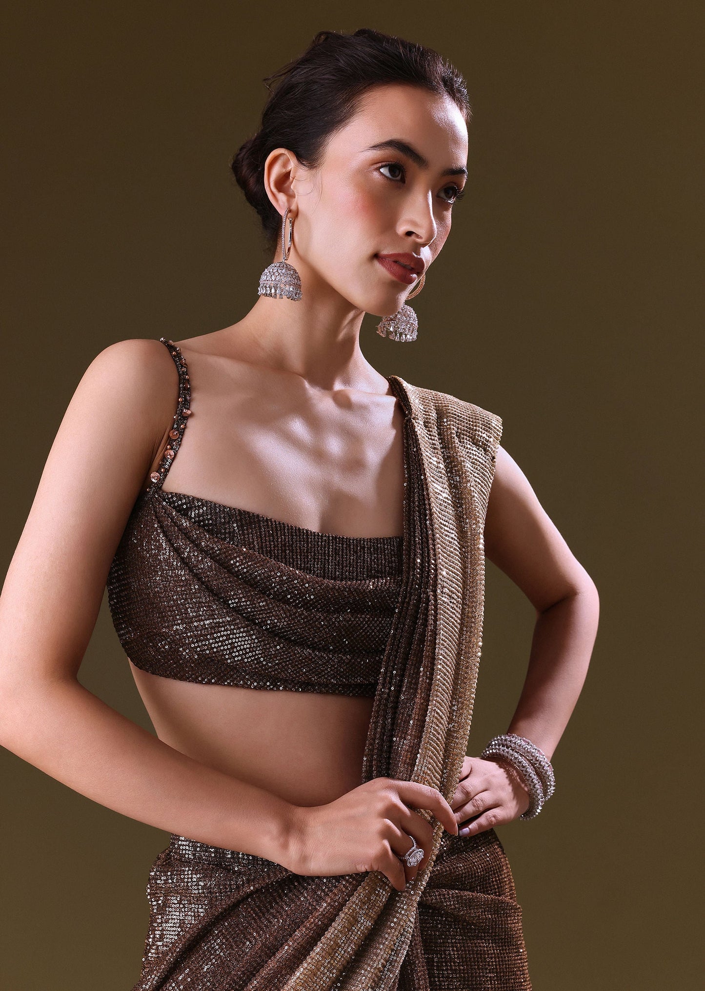Brown Pre Stitched Saree With Cowl Blouse