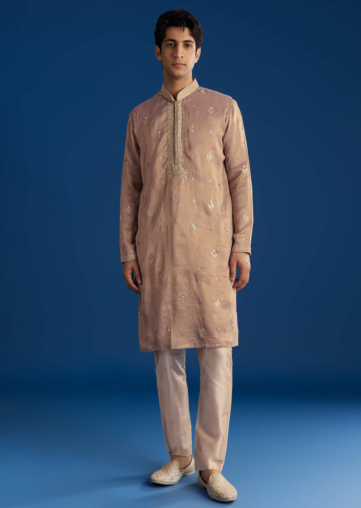 Champagne Tissue Resham Embroidered Kurta Set With Sequins