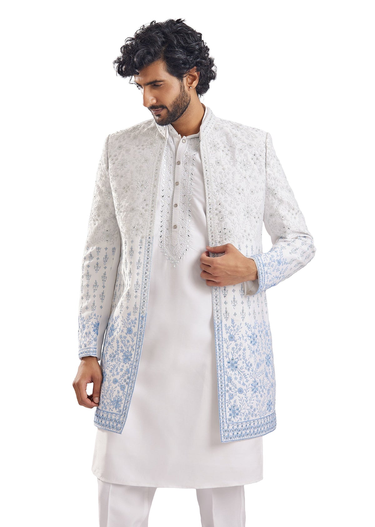 Classic Blue Mirror Work Groomsman Sherwani