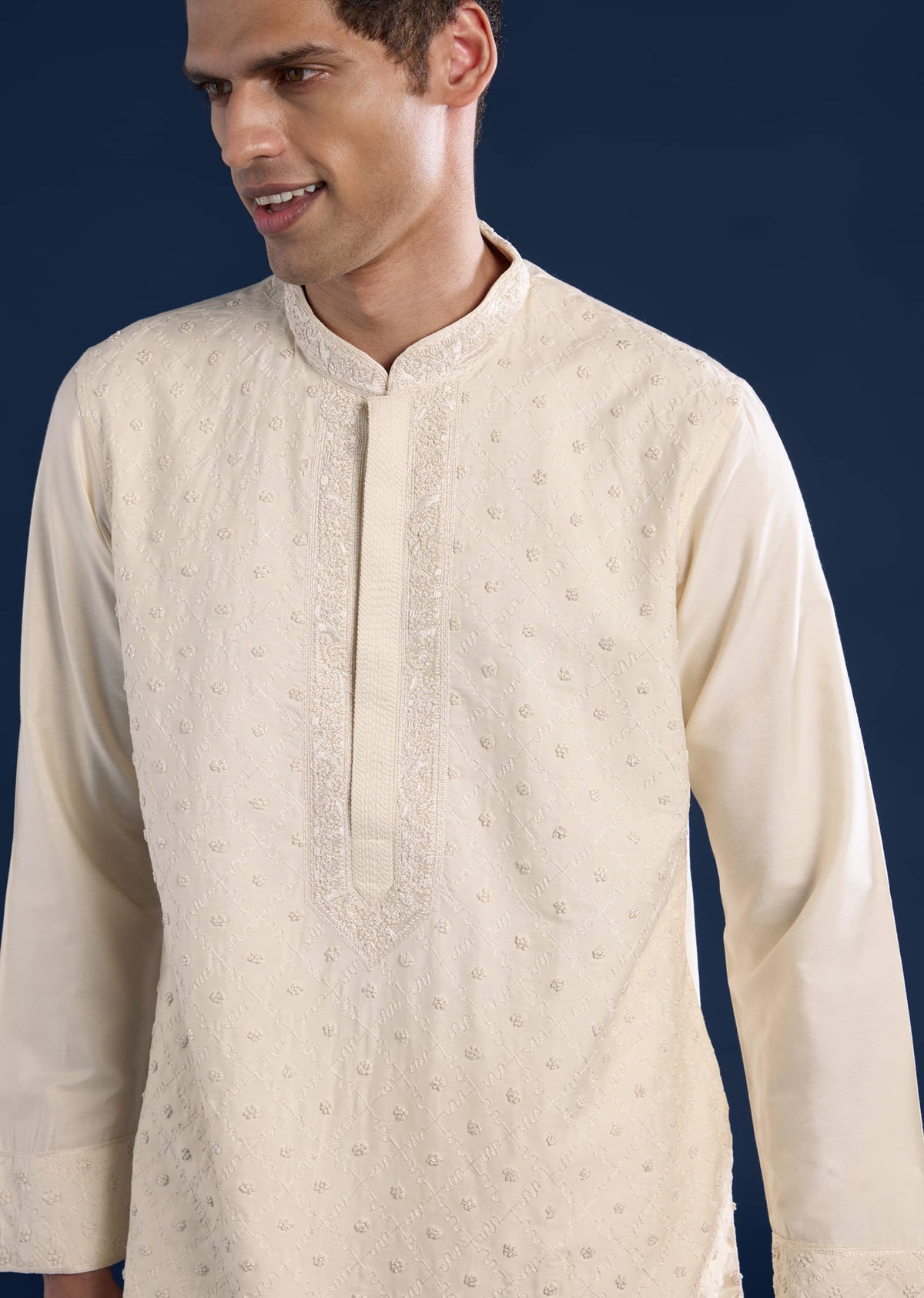 Cream Banarsi Silk Mens Kurta and Pant Set
