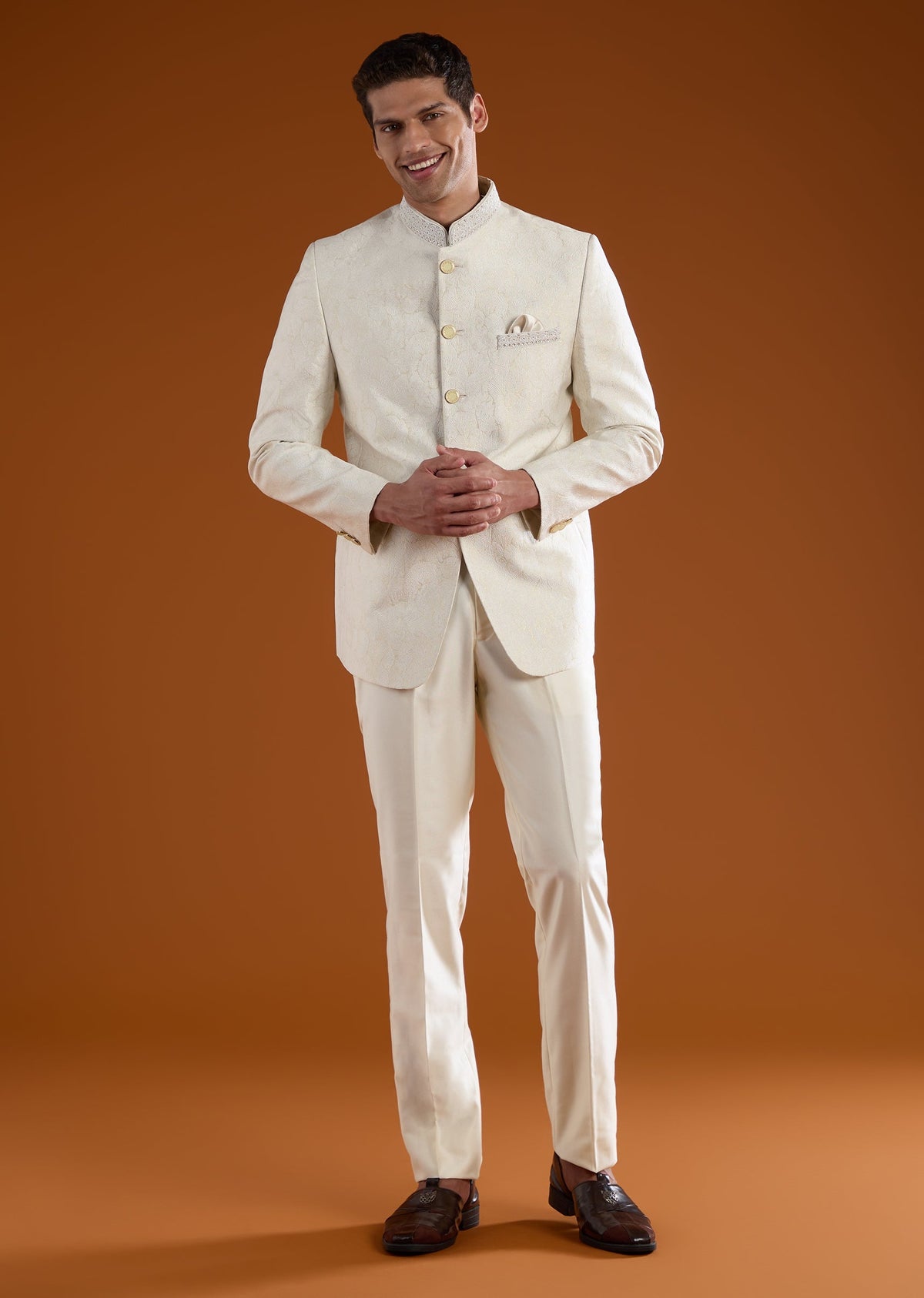 Cream Viscose Jodhpuri Pant Set with Bead Work