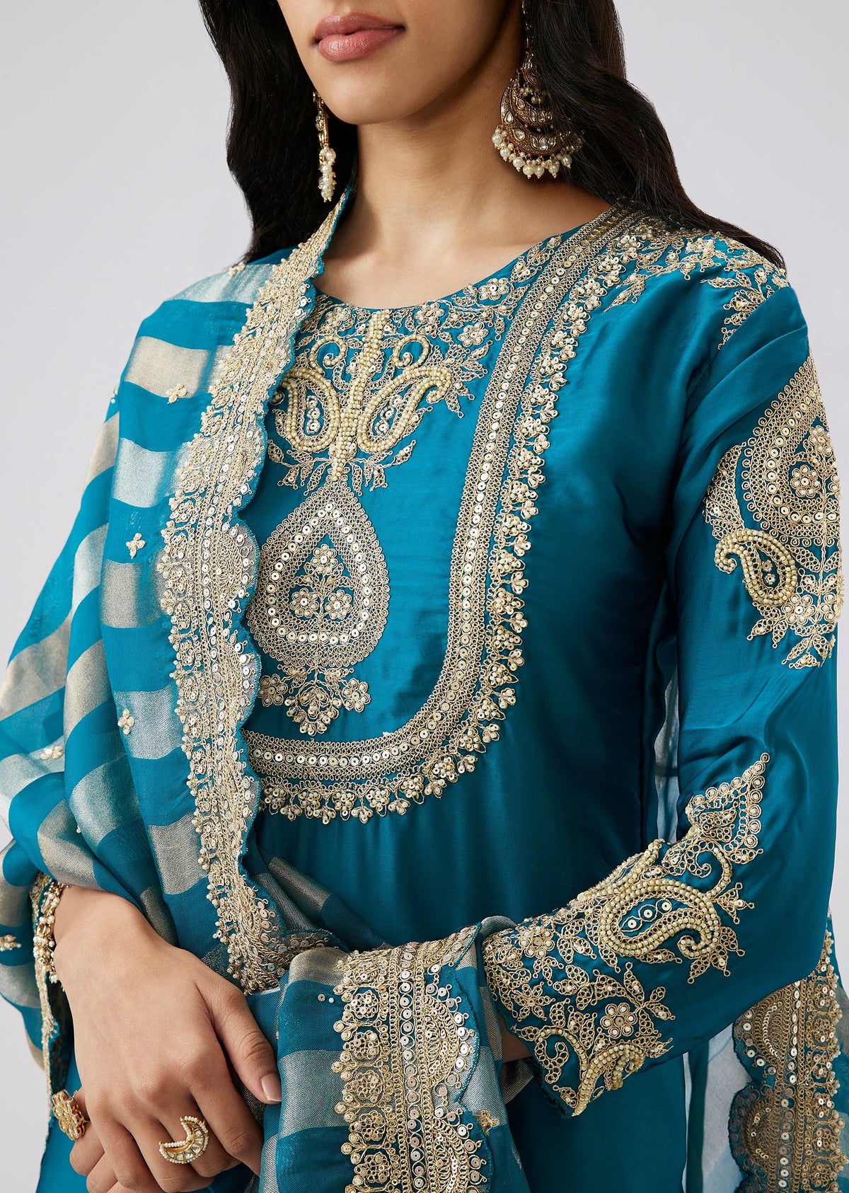 Dark Blue Butti Satin Heavy Embroidered Palazzo Suit