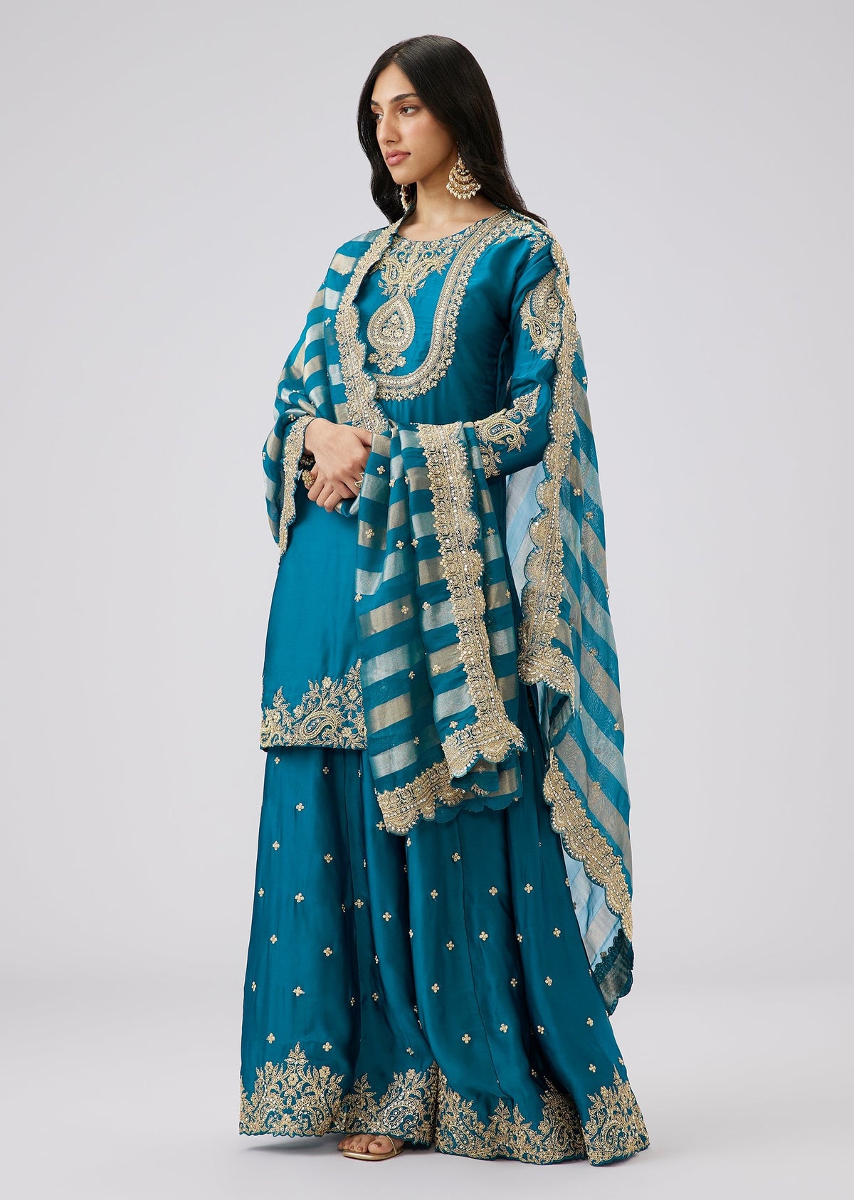 Dark Blue Butti Satin Heavy Embroidered Palazzo Suit