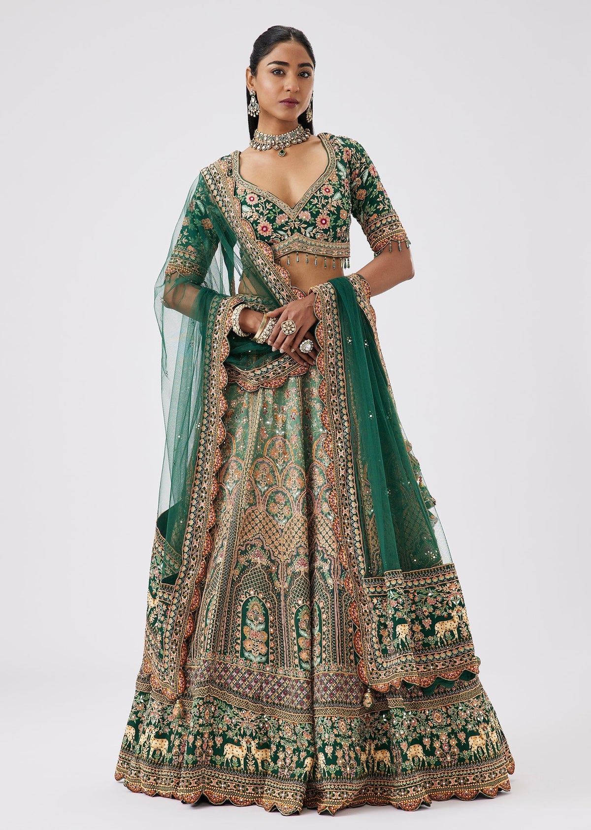 Dark Green Floral Print Sequined Crepe Lehenga Choli