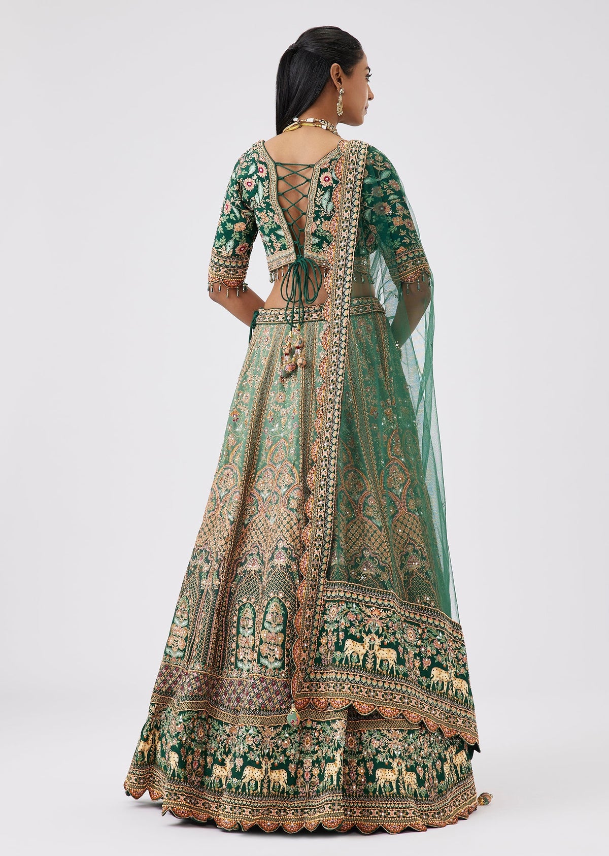 Dark Green Floral Print Sequined Crepe Lehenga Choli