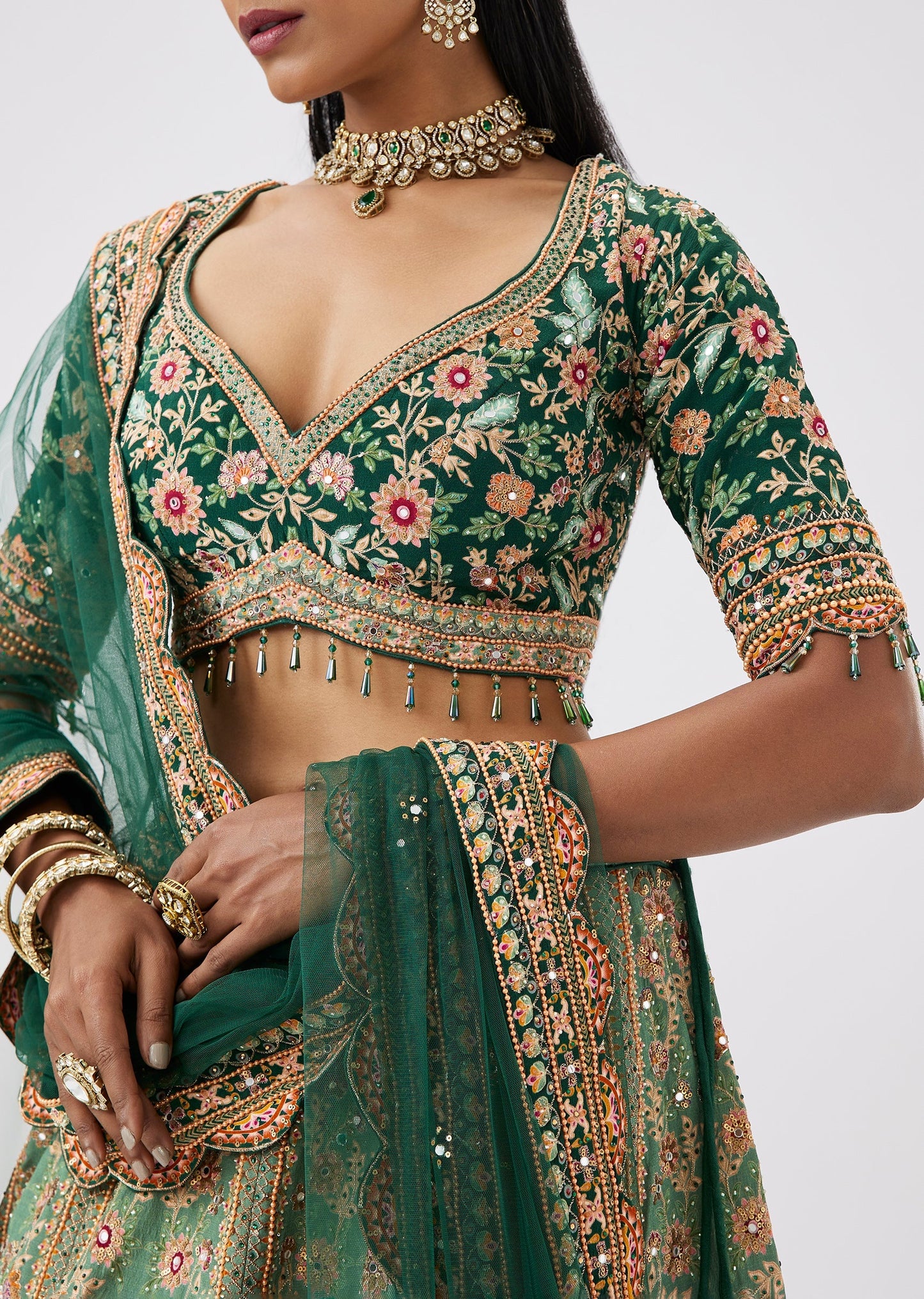 Dark Green Floral Print Sequined Crepe Lehenga Choli